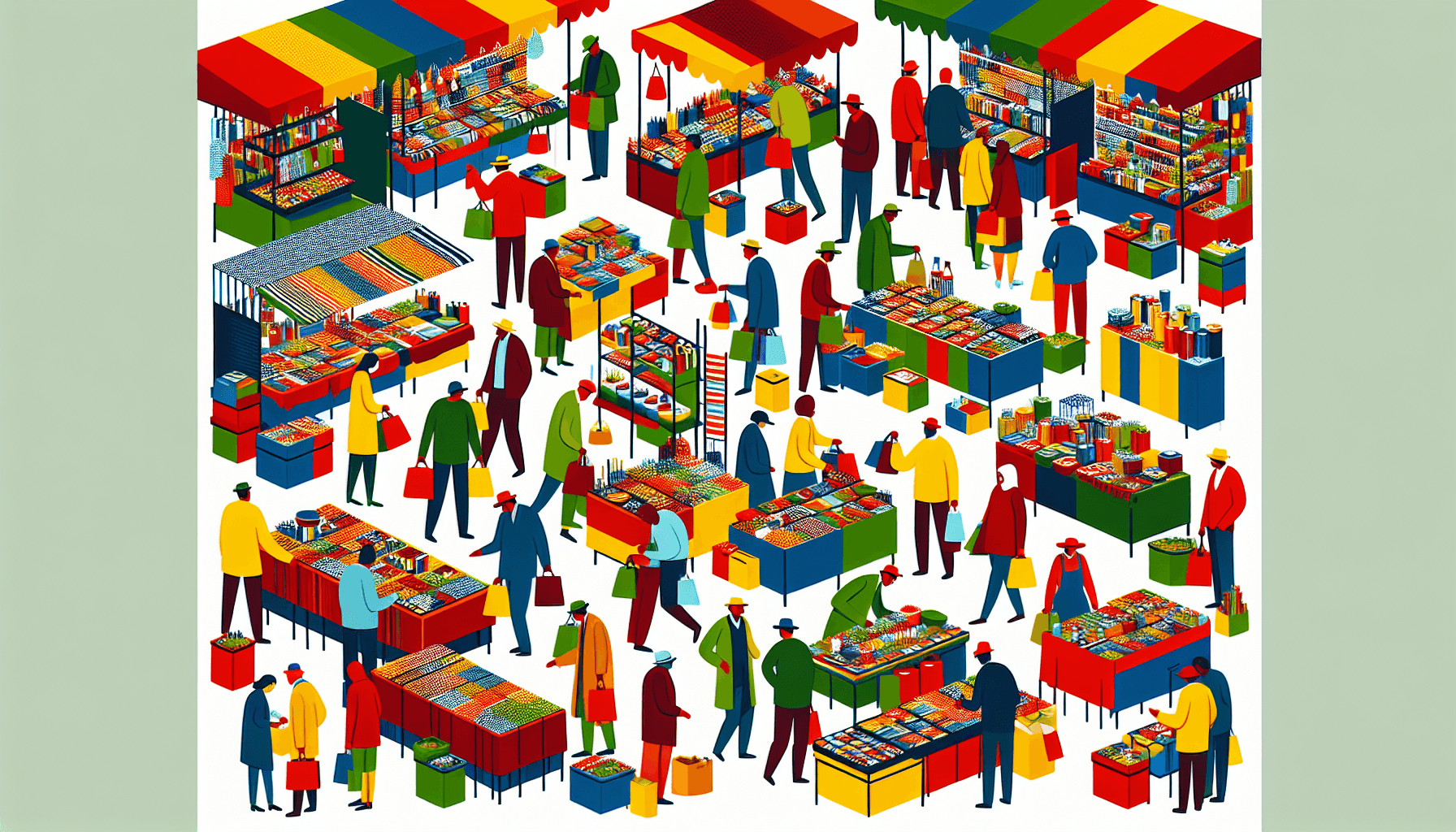 Flea market in flat illustration style and white background, red #f47574, green #88c7a8, yellow #fcc44b, and blue #645bc8 colors.