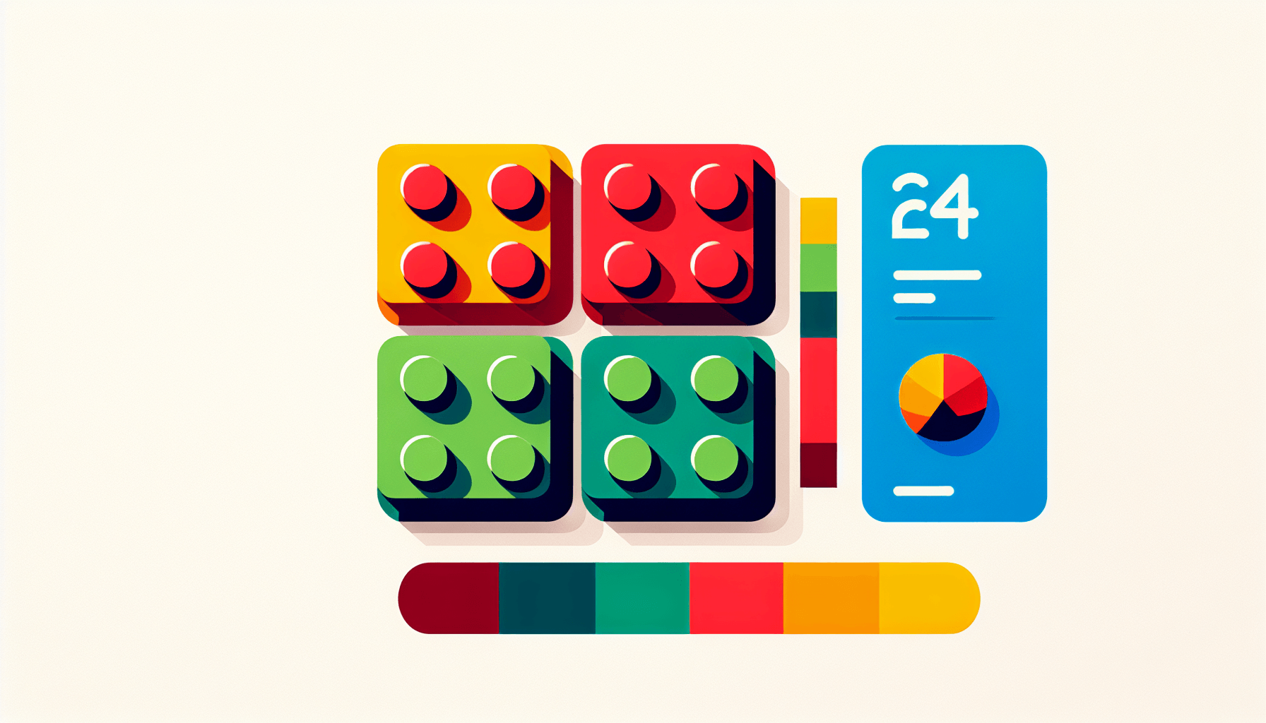 Lego blocks in flat illustration style and white background, red #f47574, green #88c7a8, yellow #fcc44b, and blue #645bc8 colors.