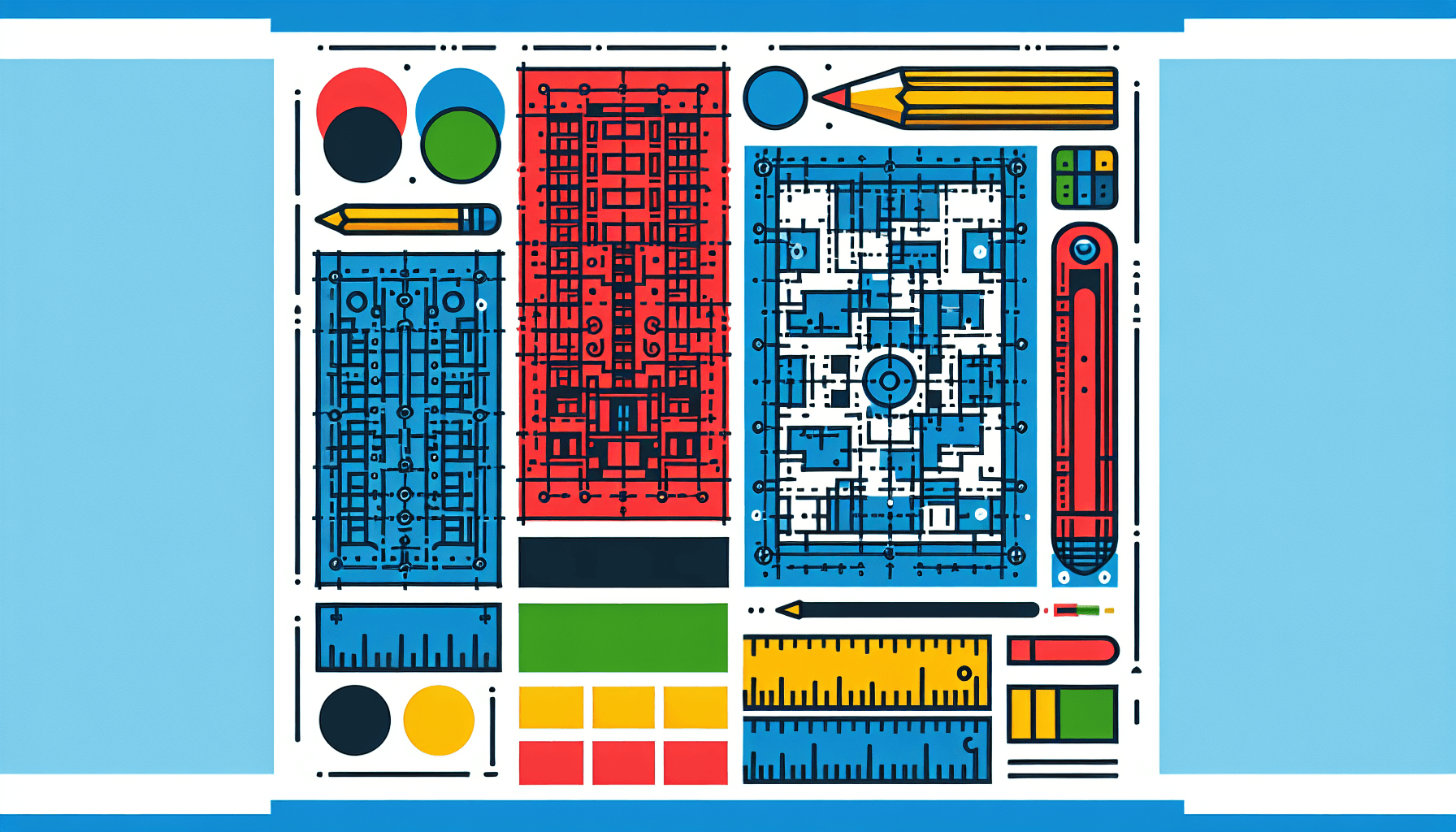 Blueprint in flat illustration style and white background, red #f47574, green #88c7a8, yellow #fcc44b, and blue #645bc8 colors.