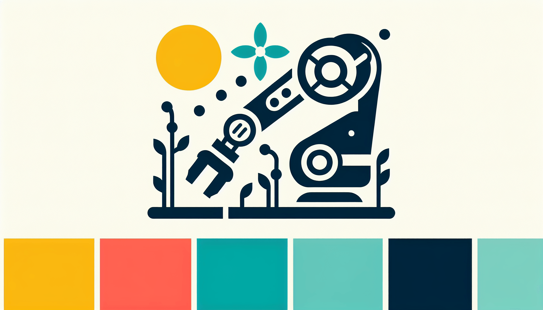 Robotics arm in flat illustration style and white background, red #f47574, green #88c7a8, yellow #fcc44b, and blue #645bc8 colors.