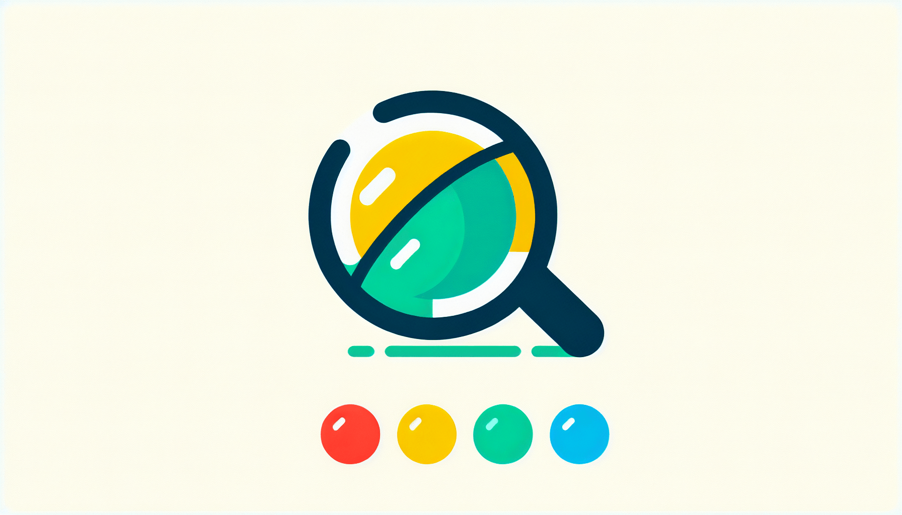 Magnifying glass in flat illustration style and white background, red #f47574, green #88c7a8, yellow #fcc44b, and blue #645bc8 colors.