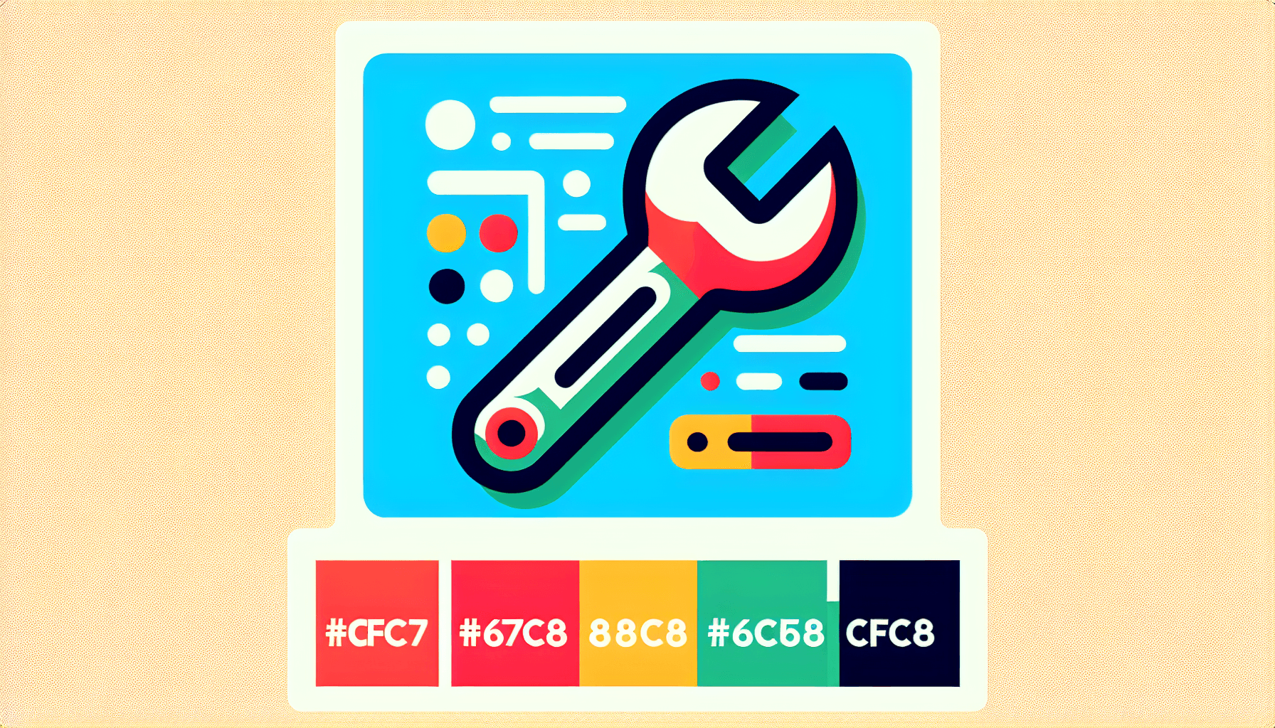 Wrench in flat illustration style and white background, red #f47574, green #88c7a8, yellow #fcc44b, and blue #645bc8 colors.