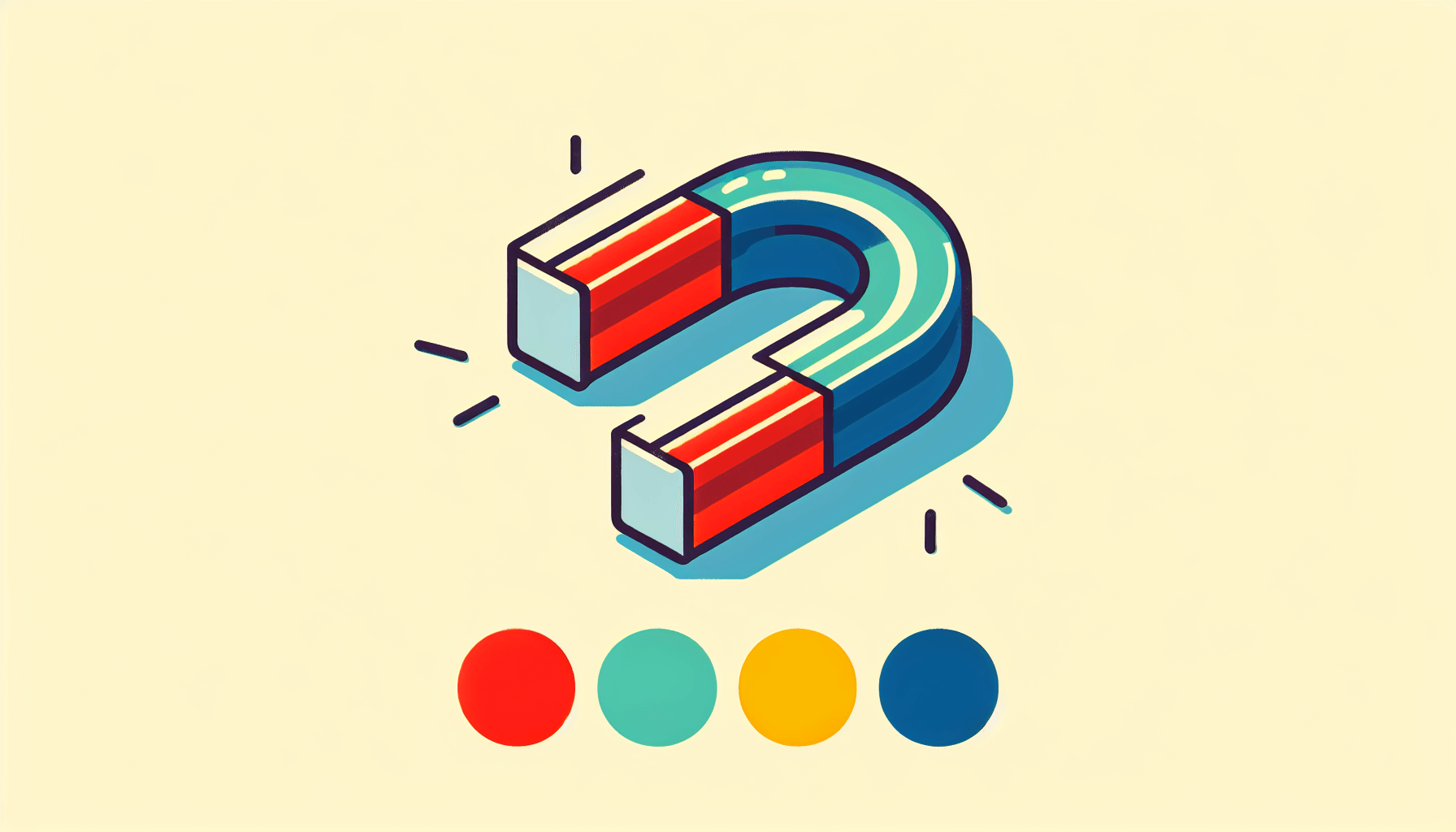 Magnet in flat illustration style and white background, red #f47574, green #88c7a8, yellow #fcc44b, and blue #645bc8 colors.