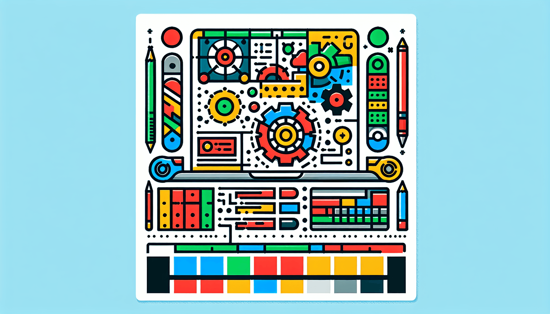 Blueprint in flat illustration style and white background, red #f47574, green #88c7a8, yellow #fcc44b, and blue #645bc8 colors.
