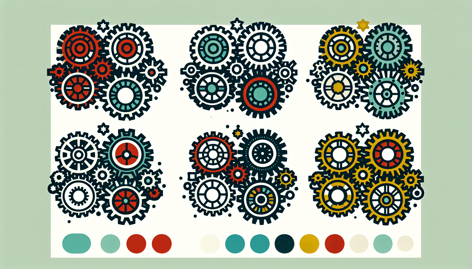 Gears in flat illustration style and white background, red #f47574, green #88c7a8, yellow #fcc44b, and blue #645bc8 colors.