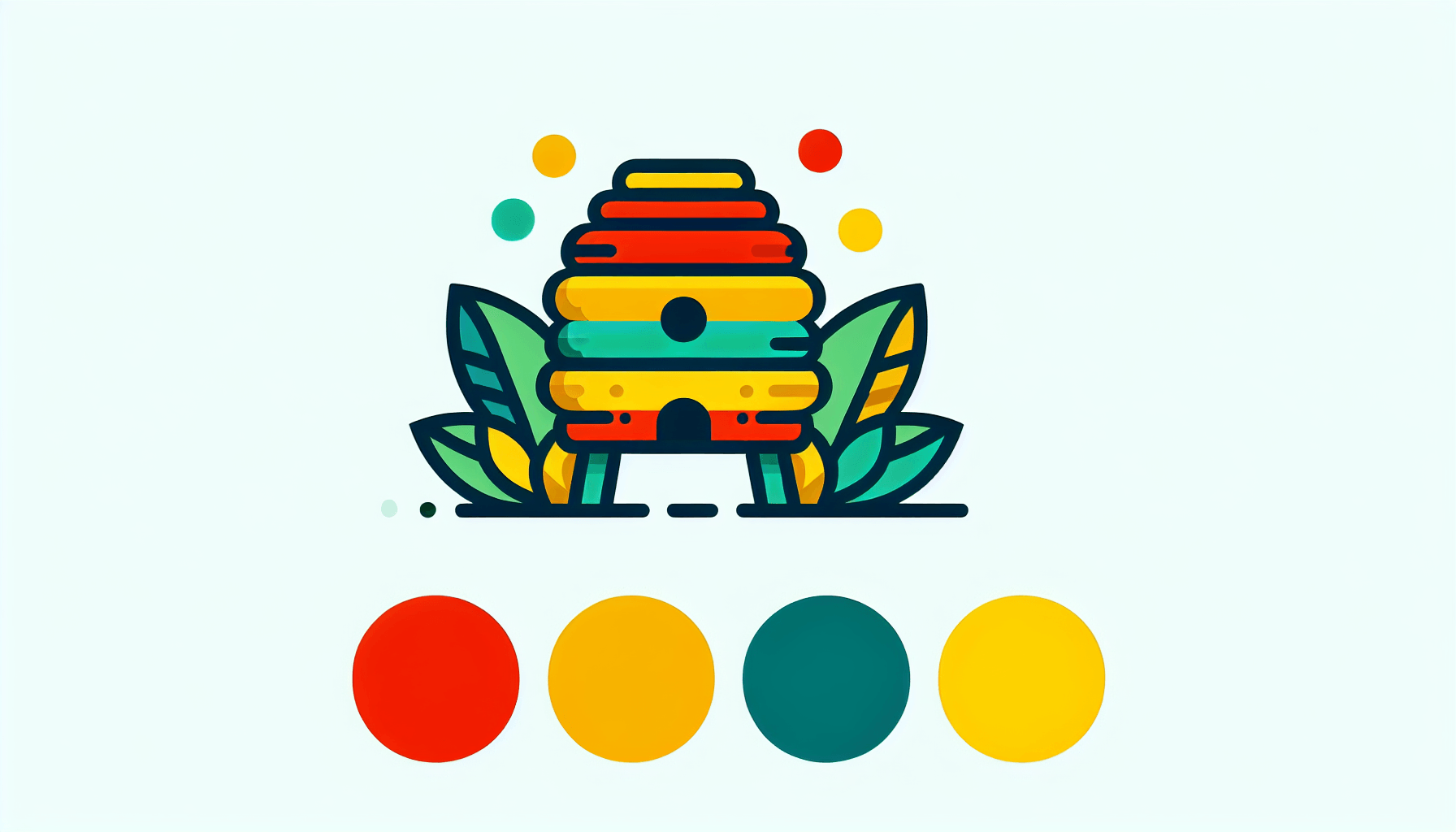 Beehive in flat illustration style and white background, red #f47574, green #88c7a8, yellow #fcc44b, and blue #645bc8 colors.