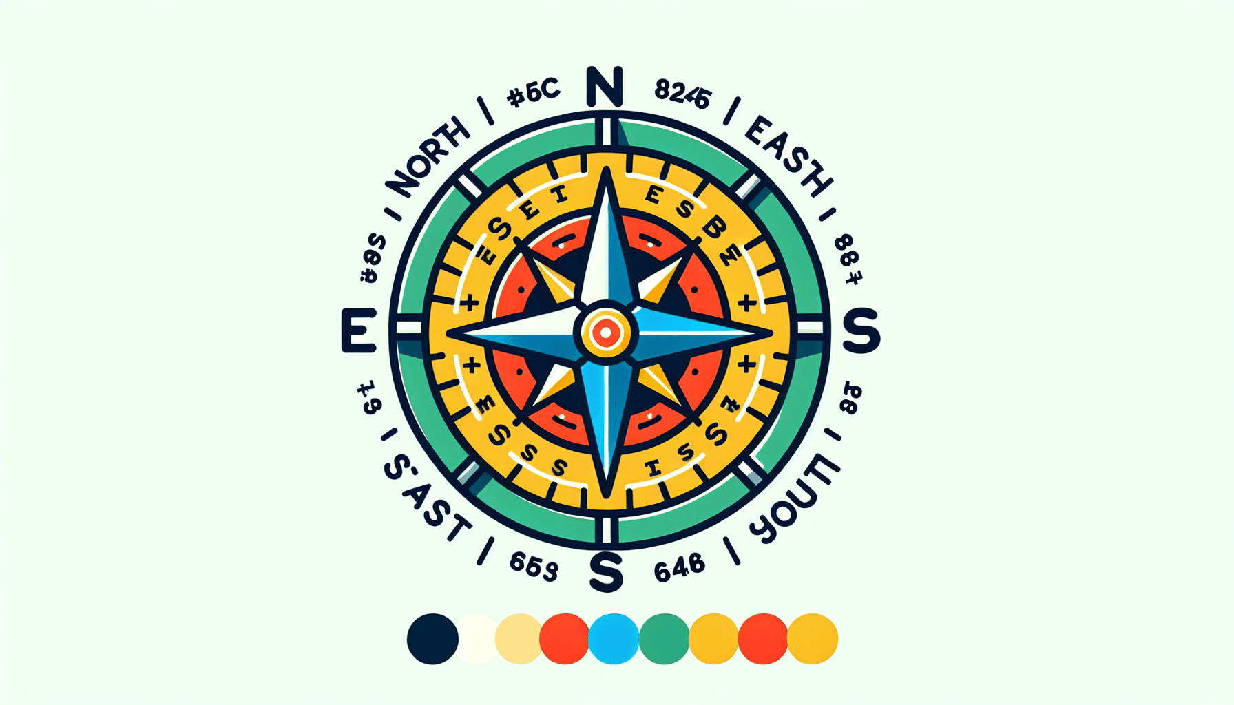 Compass in flat illustration style and white background, red #f47574, green #88c7a8, yellow #fcc44b, and blue #645bc8 colors.