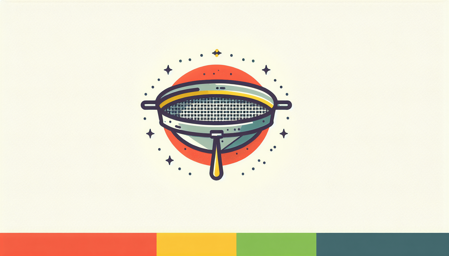 Sieve in flat illustration style and white background, red #f47574, green #88c7a8, yellow #fcc44b, and blue #645bc8 colors.