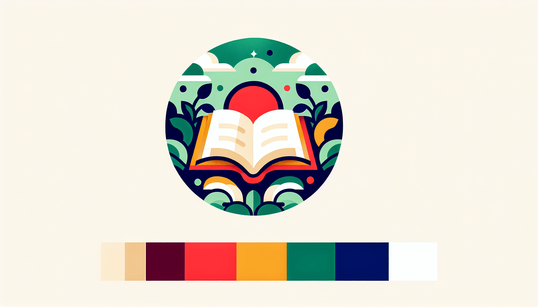 Open book in flat illustration style and white background, red #f47574, green #88c7a8, yellow #fcc44b, and blue #645bc8 colors.