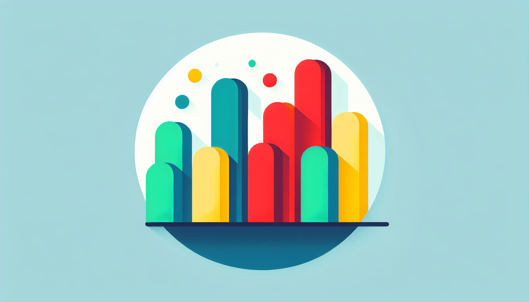 Bar chart in flat illustration style and white background, red #f47574, green #88c7a8, yellow #fcc44b, and blue #645bc8 colors.