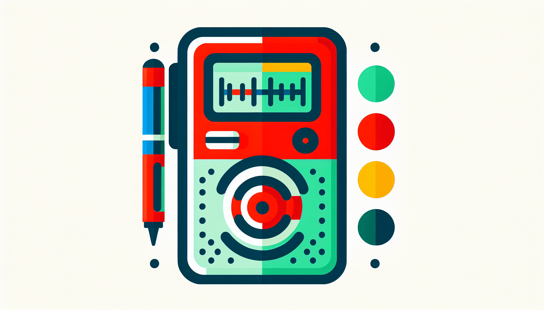 Voice recorder in flat illustration style and white background, red #f47574, green #88c7a8, yellow #fcc44b, and blue #645bc8 colors.