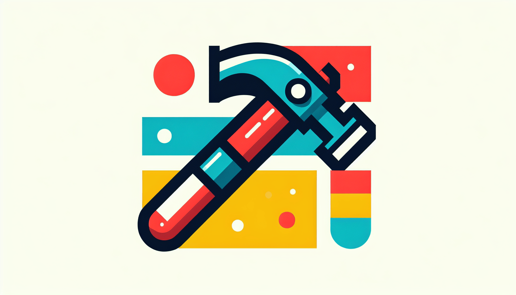Hammer in flat illustration style and white background, red #f47574, green #88c7a8, yellow #fcc44b, and blue #645bc8 colors.