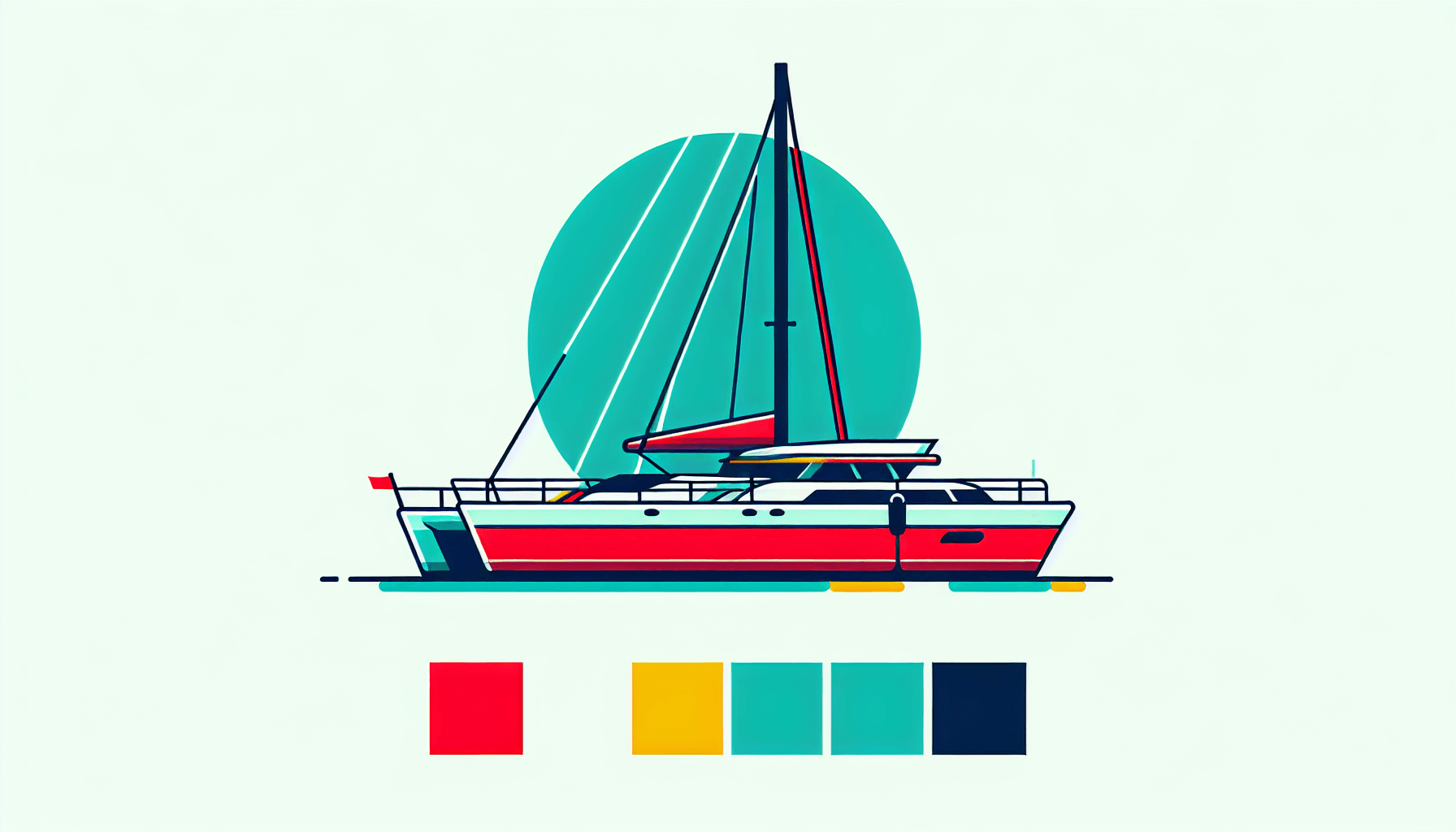 Catamaran in flat illustration style and white background, red #f47574, green #88c7a8, yellow #fcc44b, and blue #645bc8 colors.