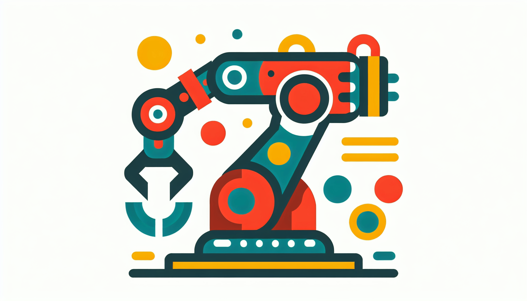 Robot arm in flat illustration style and white background, red #f47574, green #88c7a8, yellow #fcc44b, and blue #645bc8 colors.