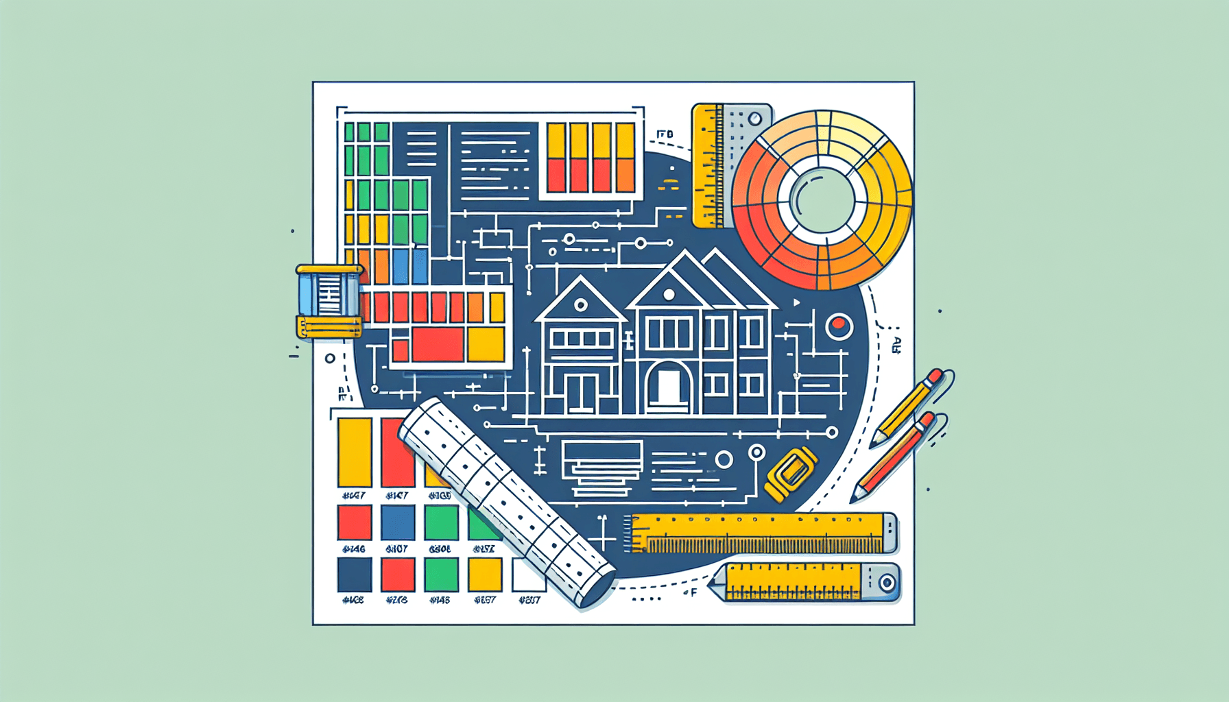 Blueprint in flat illustration style and white background, red #f47574, green #88c7a8, yellow #fcc44b, and blue #645bc8 colors.