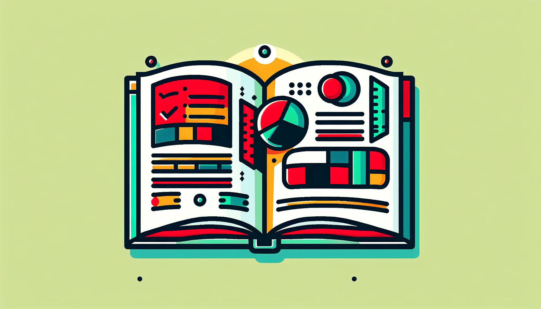 Rulebook in flat illustration style and white background, red #f47574, green #88c7a8, yellow #fcc44b, and blue #645bc8 colors.
