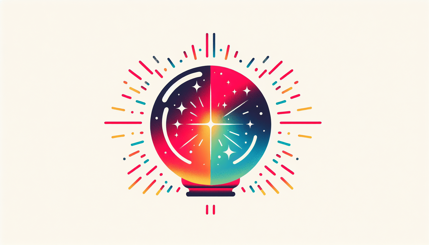 Crystal ball in flat illustration style and white background, red #f47574, green #88c7a8, yellow #fcc44b, and blue #645bc8 colors.