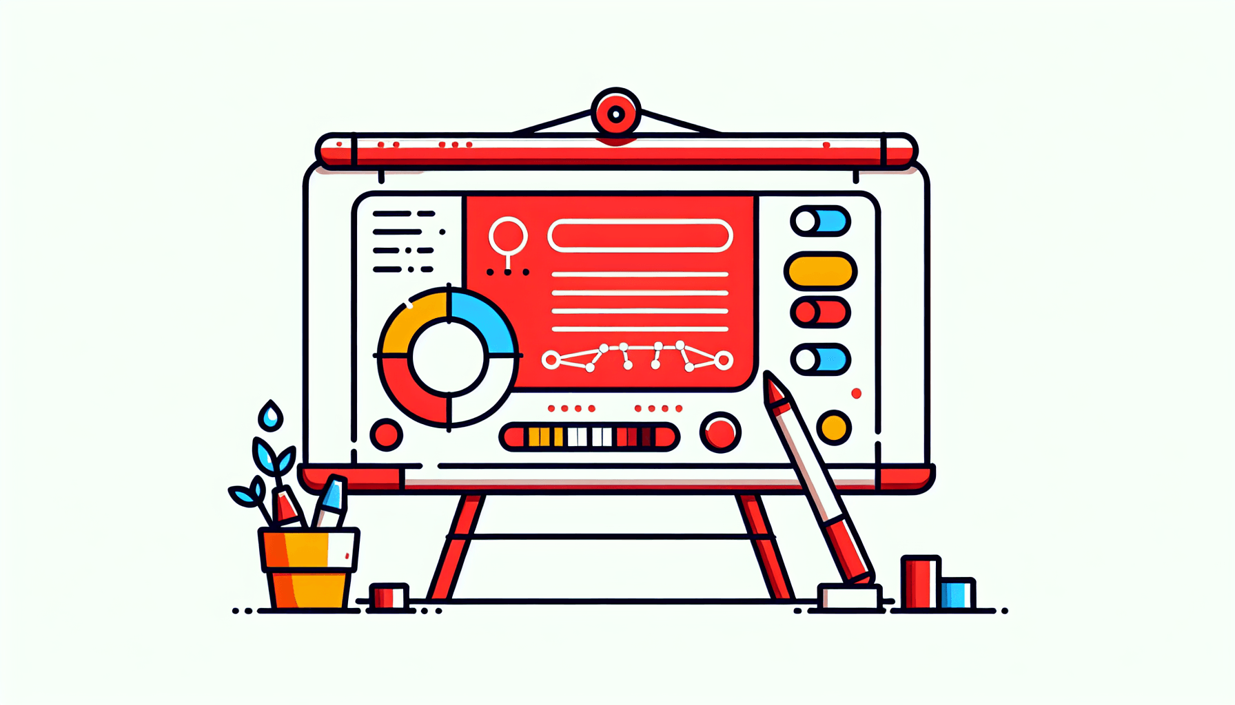 Whiteboard in flat illustration style and white background, red #f47574, green #88c7a8, yellow #fcc44b, and blue #645bc8 colors.