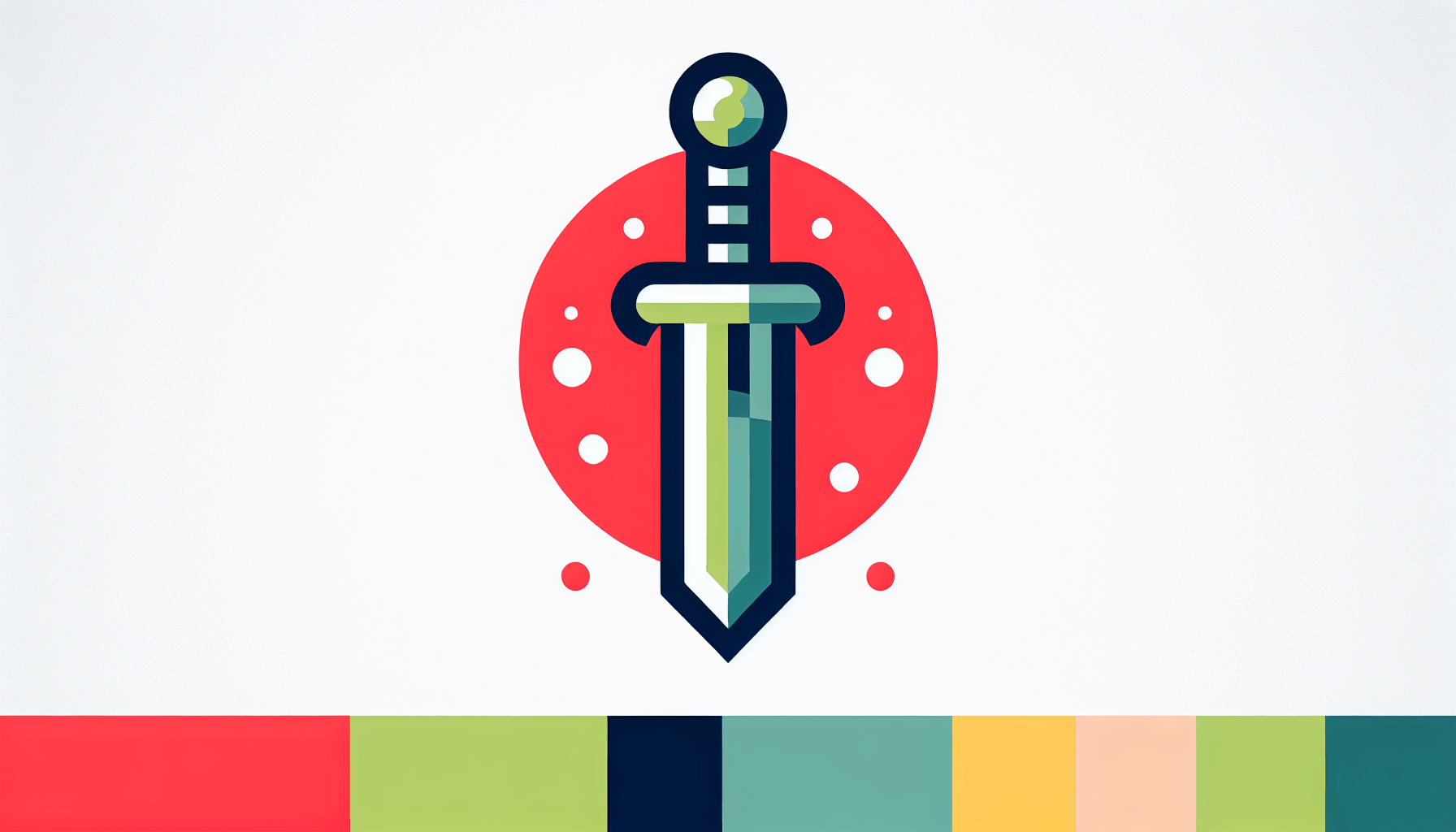 Sword in flat illustration style and white background, red #f47574, green #88c7a8, yellow #fcc44b, and blue #645bc8 colors.