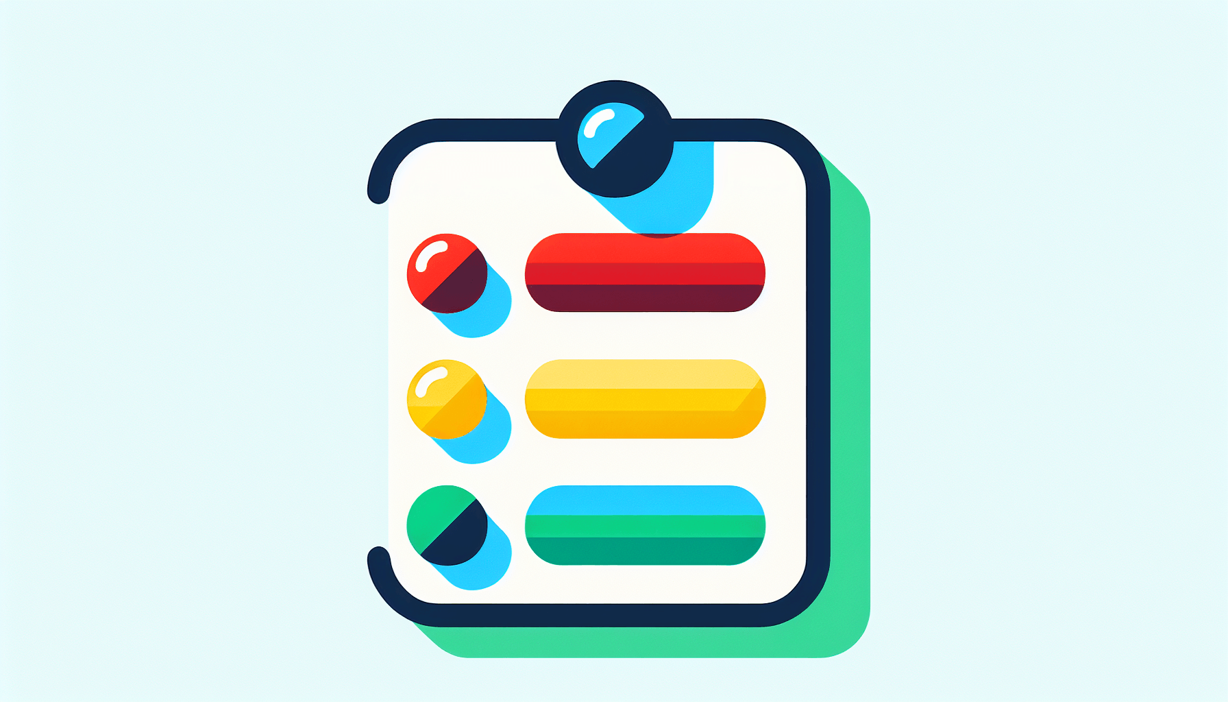Checklist in flat illustration style and white background, red #f47574, green #88c7a8, yellow #fcc44b, and blue #645bc8 colors.