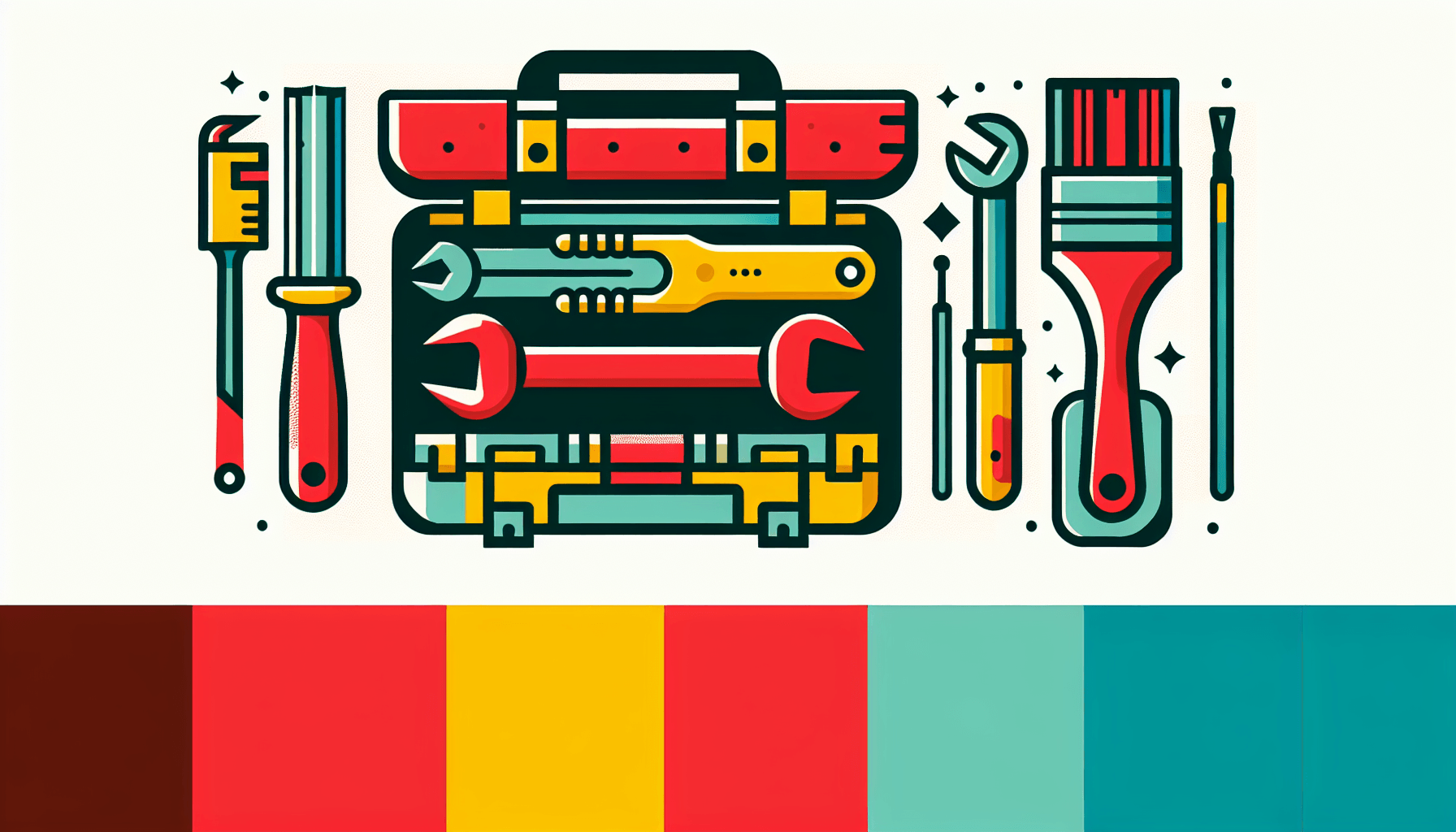 Toolbox in flat illustration style and white background, red #f47574, green #88c7a8, yellow #fcc44b, and blue #645bc8 colors.