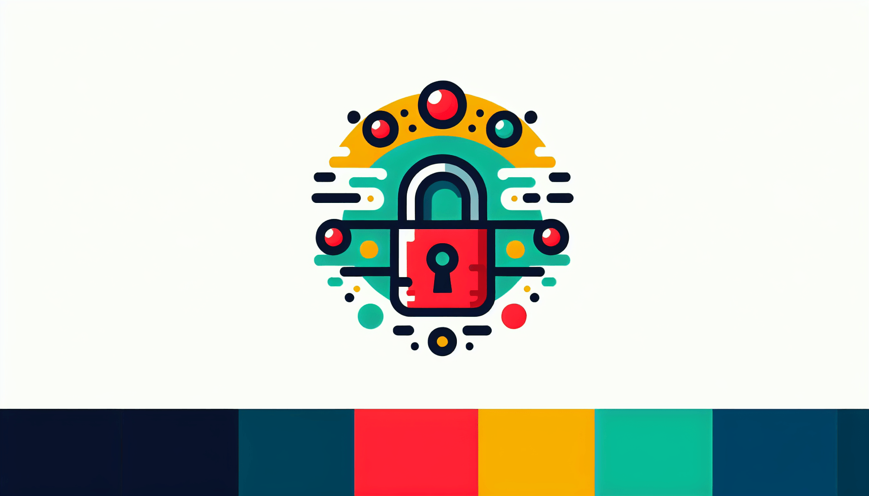 Lock in flat illustration style and white background, red #f47574, green #88c7a8, yellow #fcc44b, and blue #645bc8 colors.