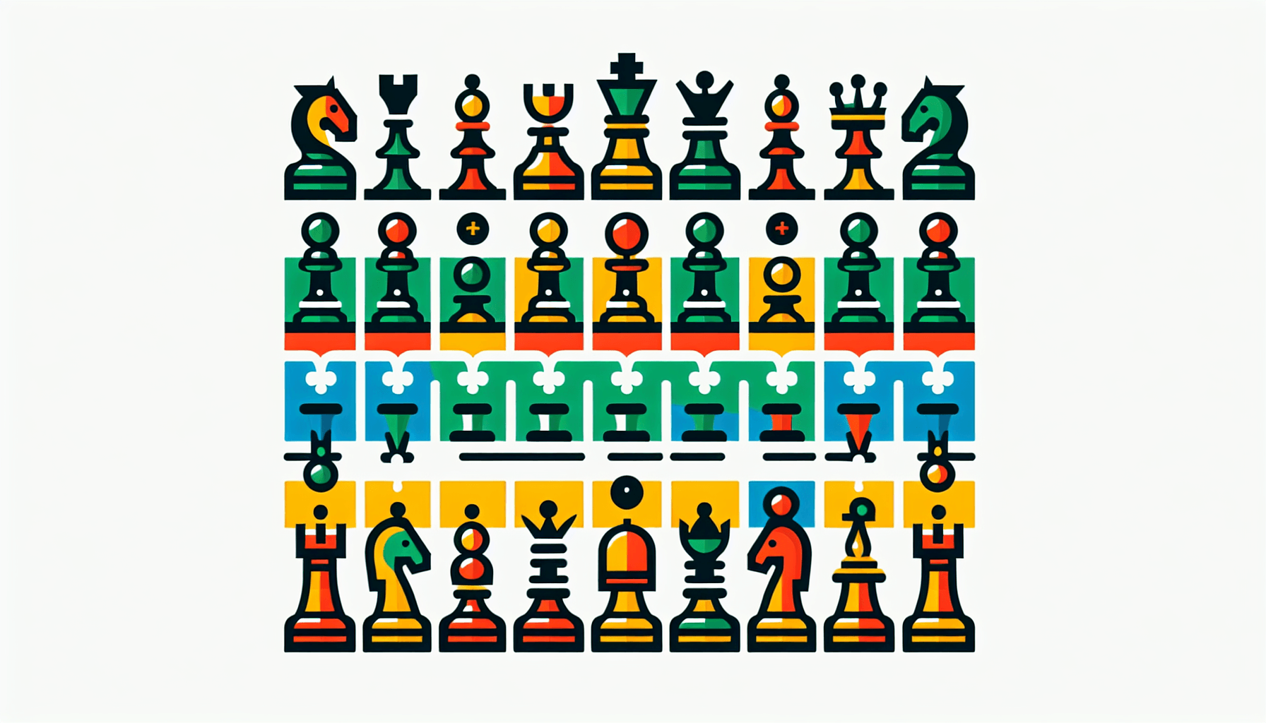 Chessboard in flat illustration style and white background, red #f47574, green #88c7a8, yellow #fcc44b, and blue #645bc8 colors.