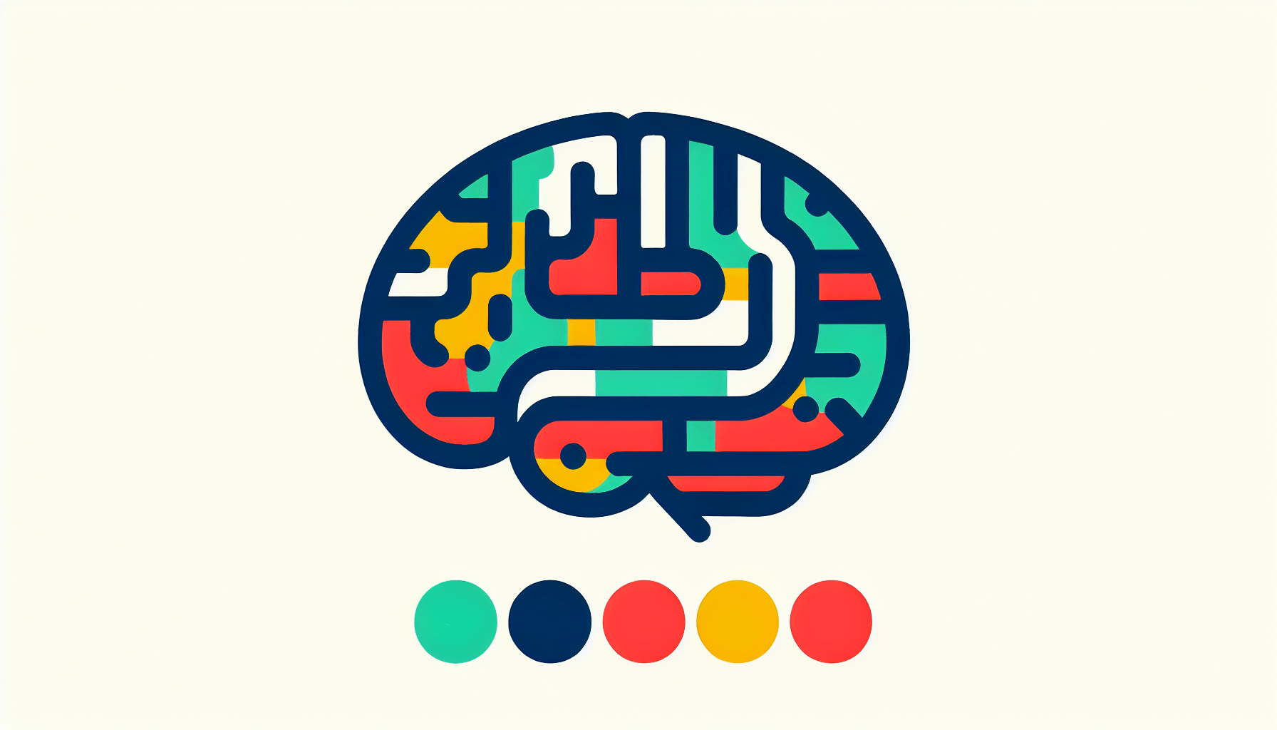 Brain in flat illustration style and white background, red #f47574, green #88c7a8, yellow #fcc44b, and blue #645bc8 colors.
