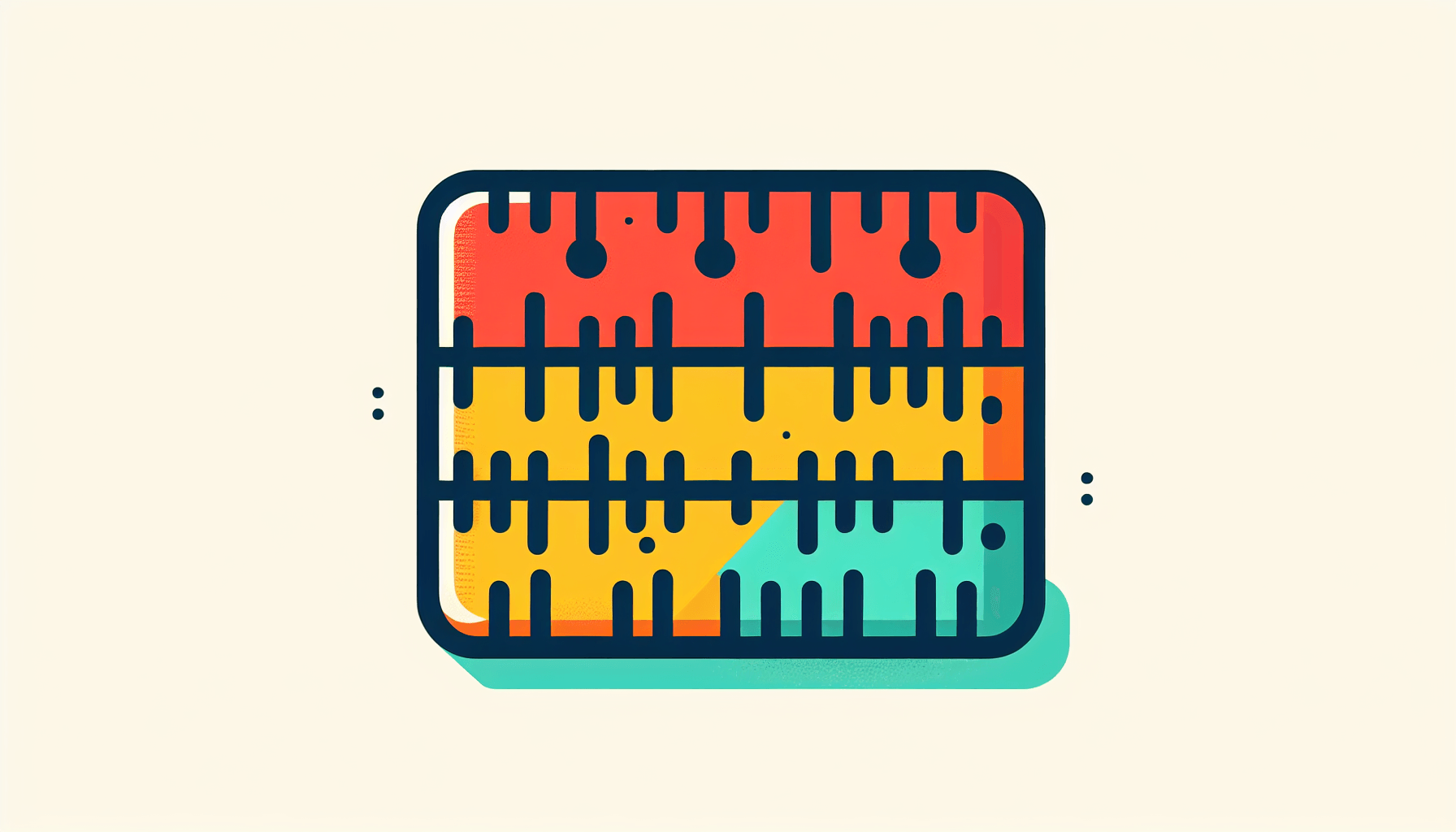 Ruler in flat illustration style and white background, red #f47574, green #88c7a8, yellow #fcc44b, and blue #645bc8 colors.