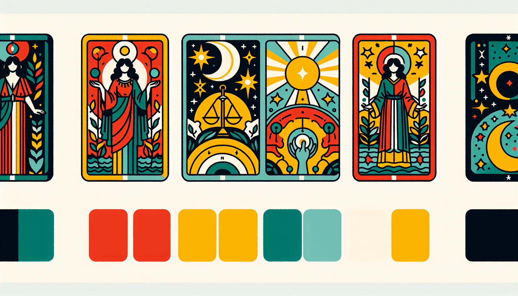 Tarot cards in flat illustration style and white background, red #f47574, green #88c7a8, yellow #fcc44b, and blue #645bc8 colors.