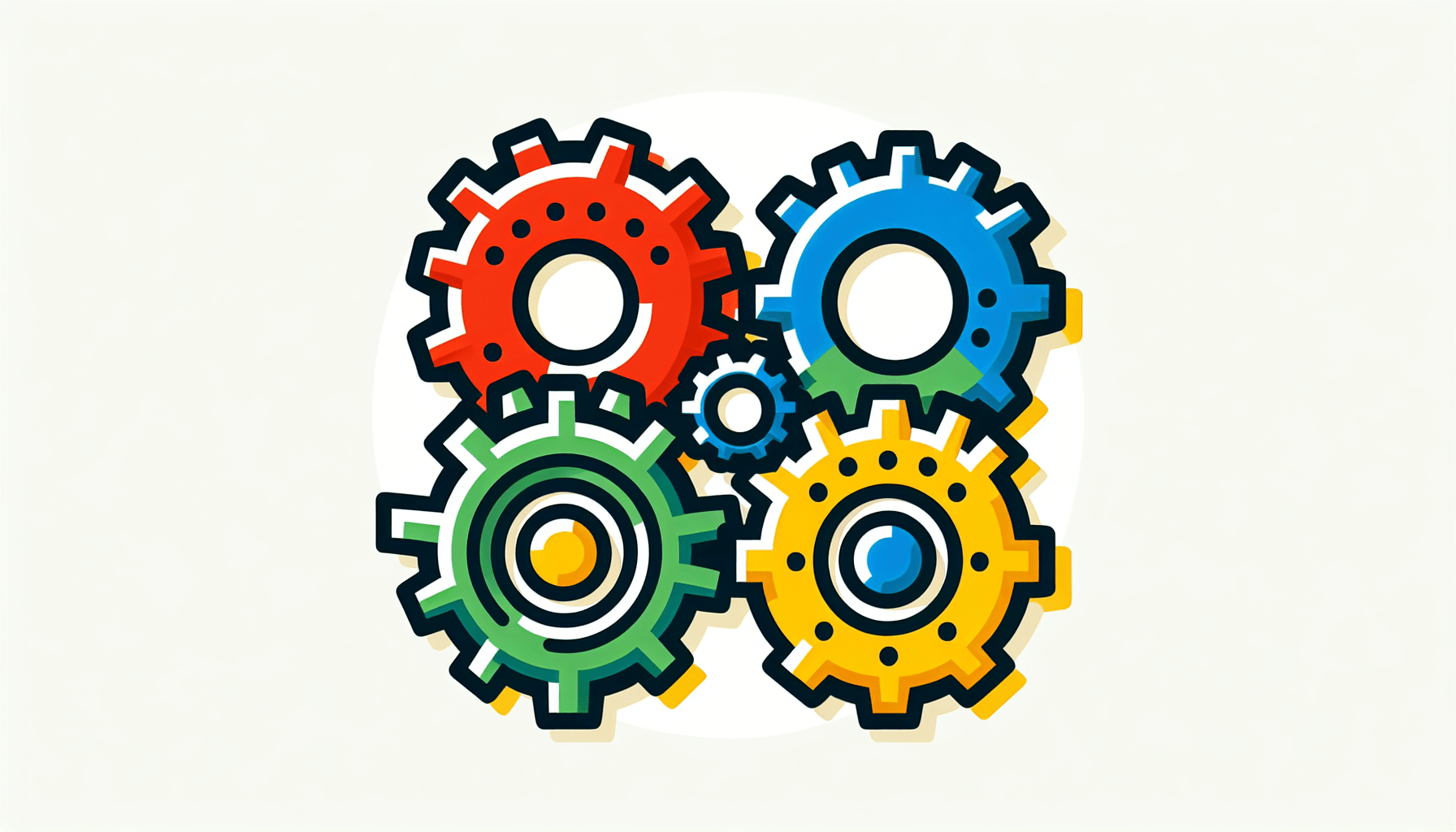Gear in flat illustration style and white background, red #f47574, green #88c7a8, yellow #fcc44b, and blue #645bc8 colors.