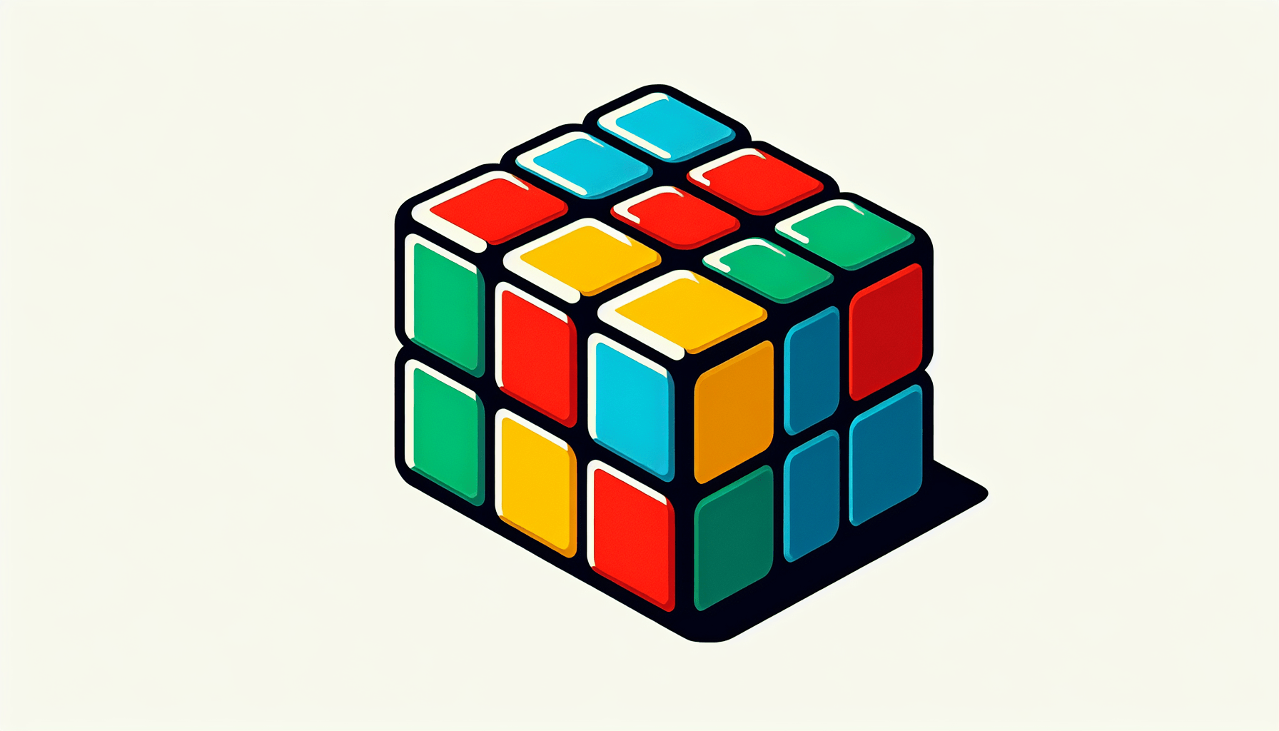 Rubik's cube in flat illustration style and white background, red #f47574, green #88c7a8, yellow #fcc44b, and blue #645bc8 colors.