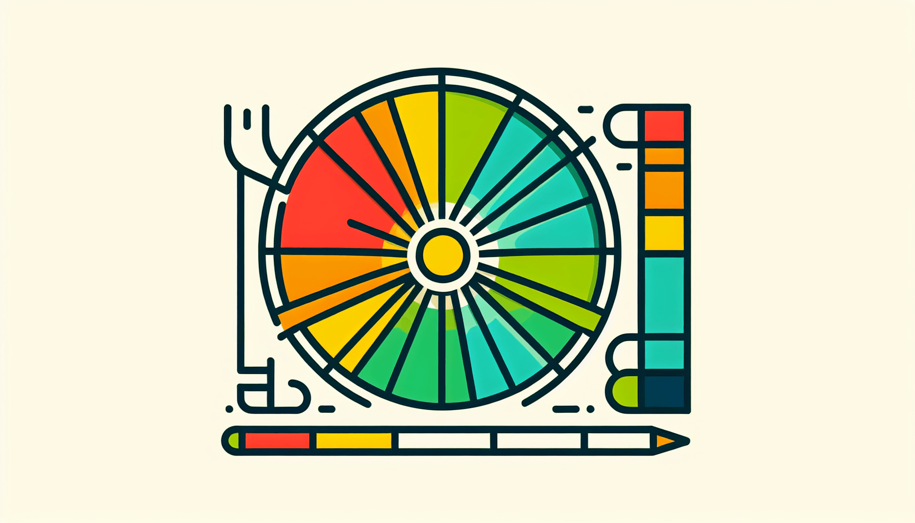 Wheel in flat illustration style and white background, red #f47574, green #88c7a8, yellow #fcc44b, and blue #645bc8 colors.
