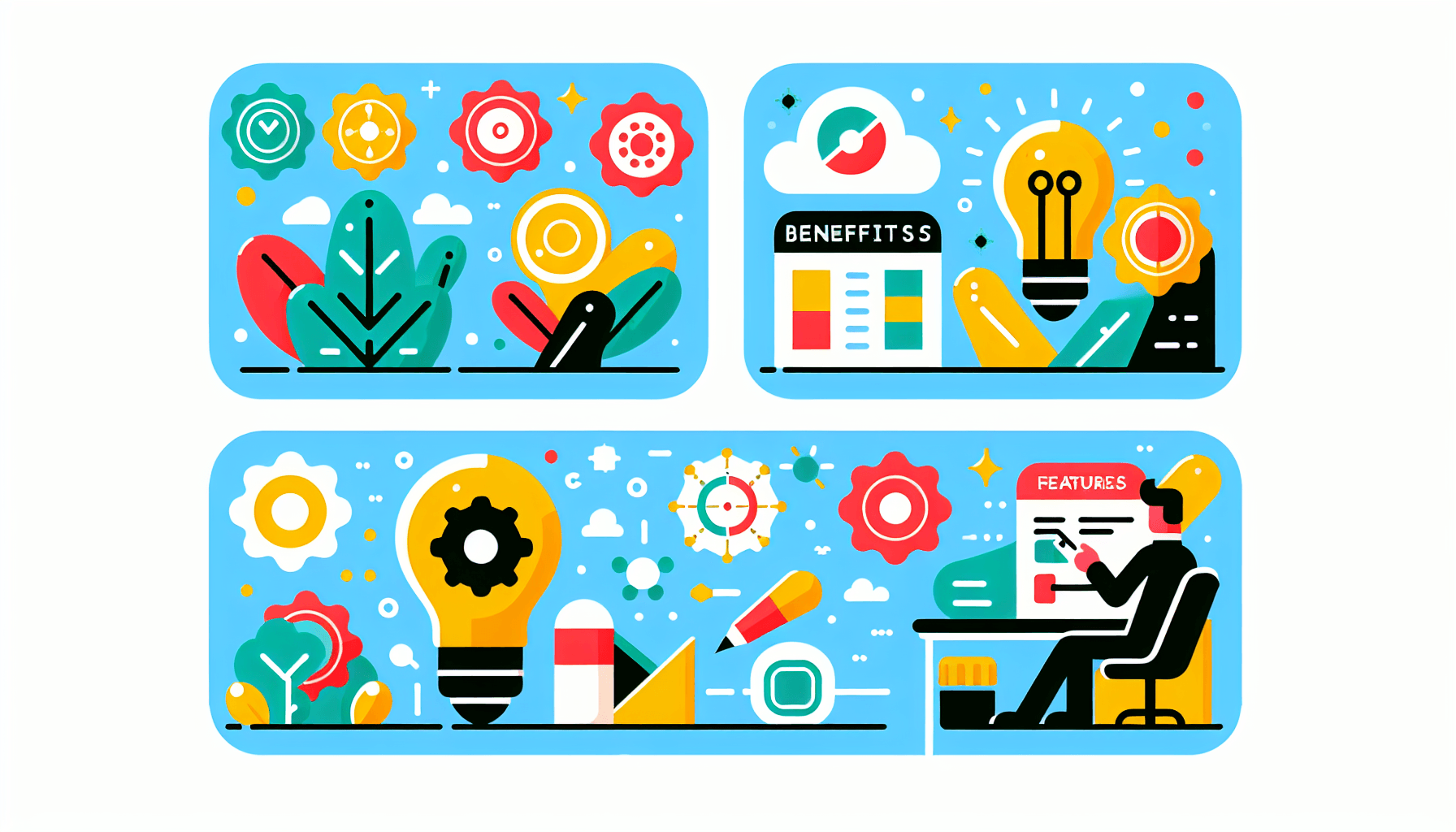 What are product benefits features? in flat illustration style and white background, red #f47574, green #88c7a8, yellow #fcc44b, and blue #645bc8 colors.