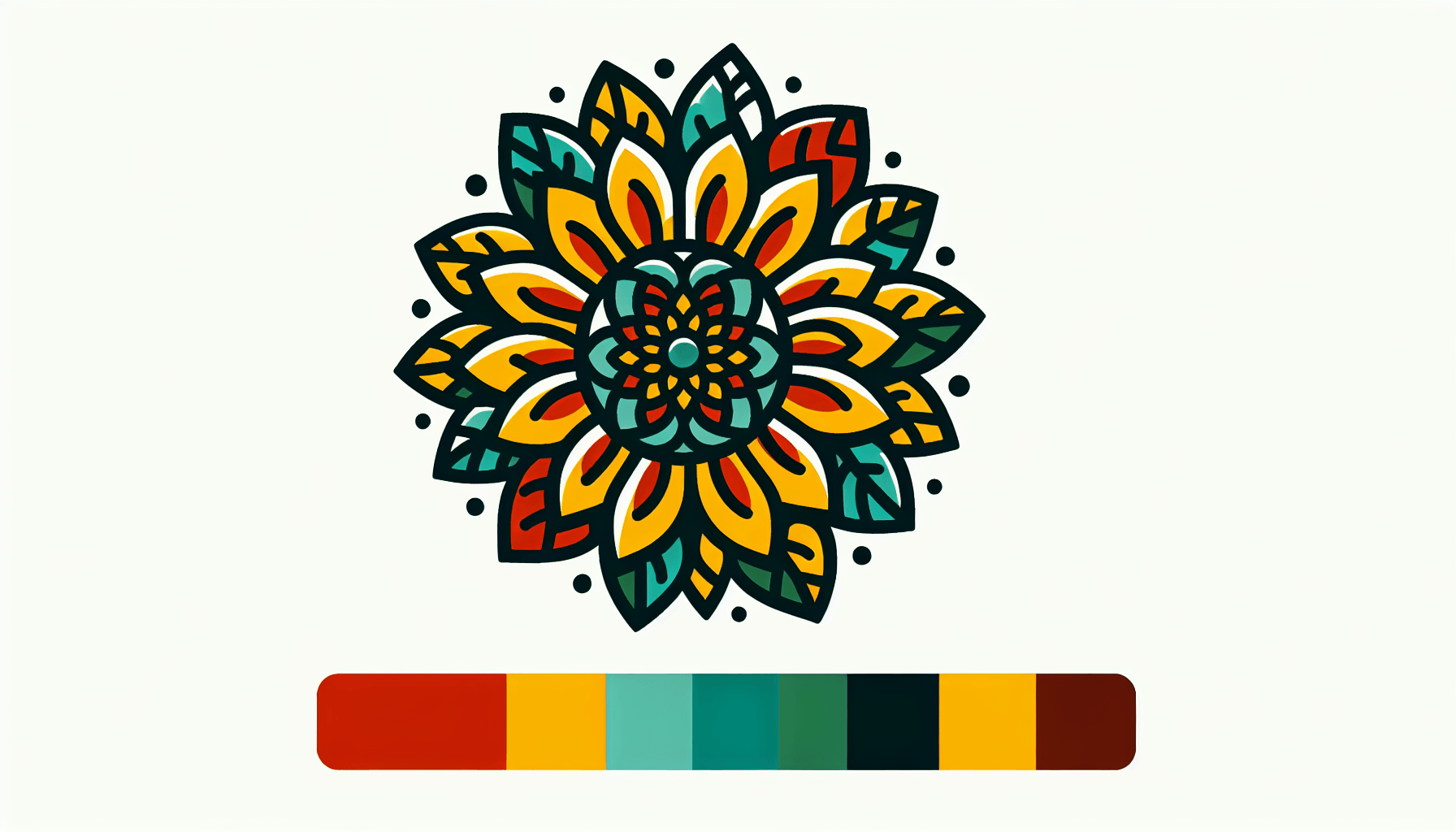 Sunflower in flat illustration style and white background, red #f47574, green #88c7a8, yellow #fcc44b, and blue #645bc8 colors.