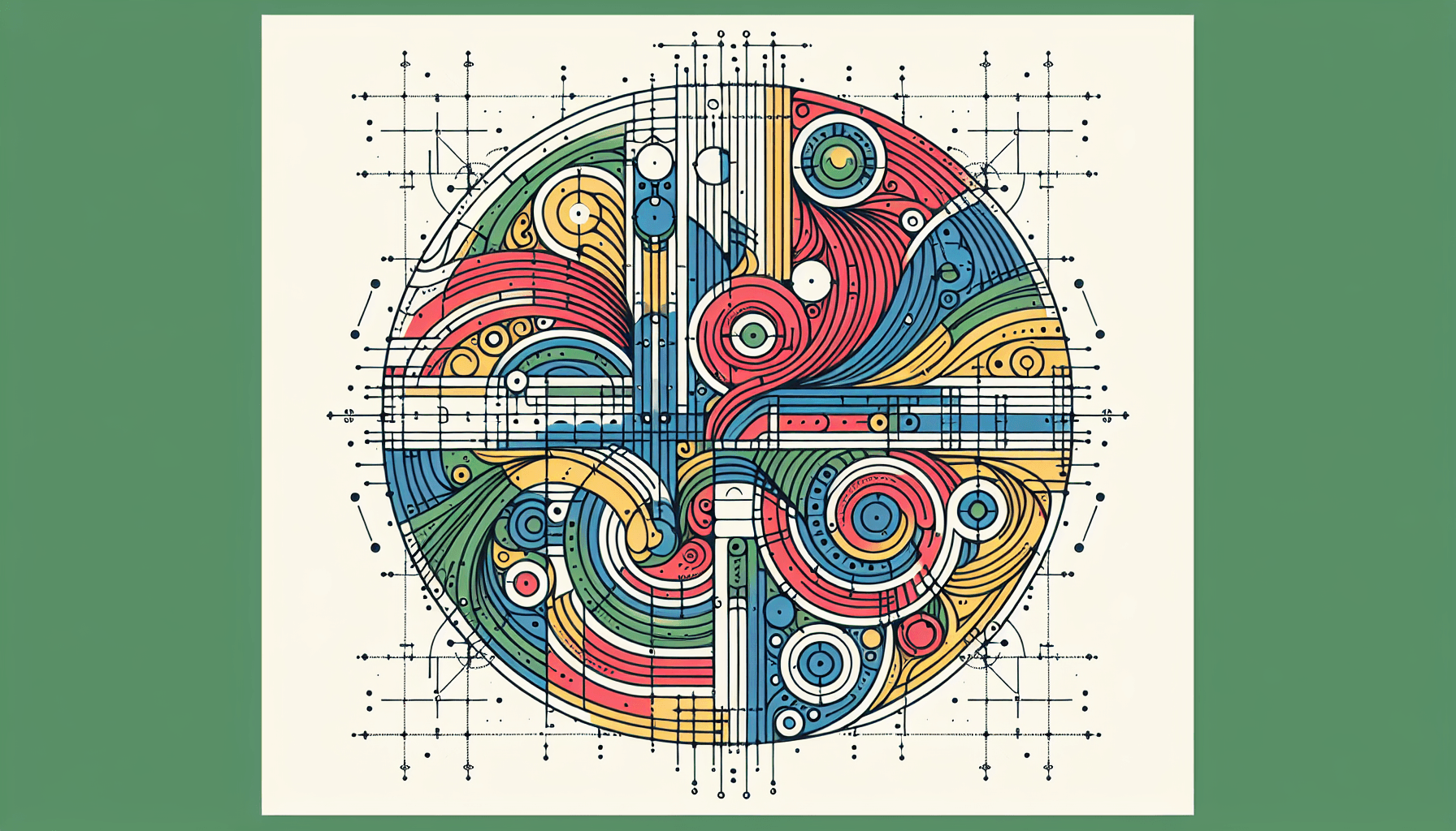 Blueprint in flat illustration style and white background, red #f47574, green #88c7a8, yellow #fcc44b, and blue #645bc8 colors.