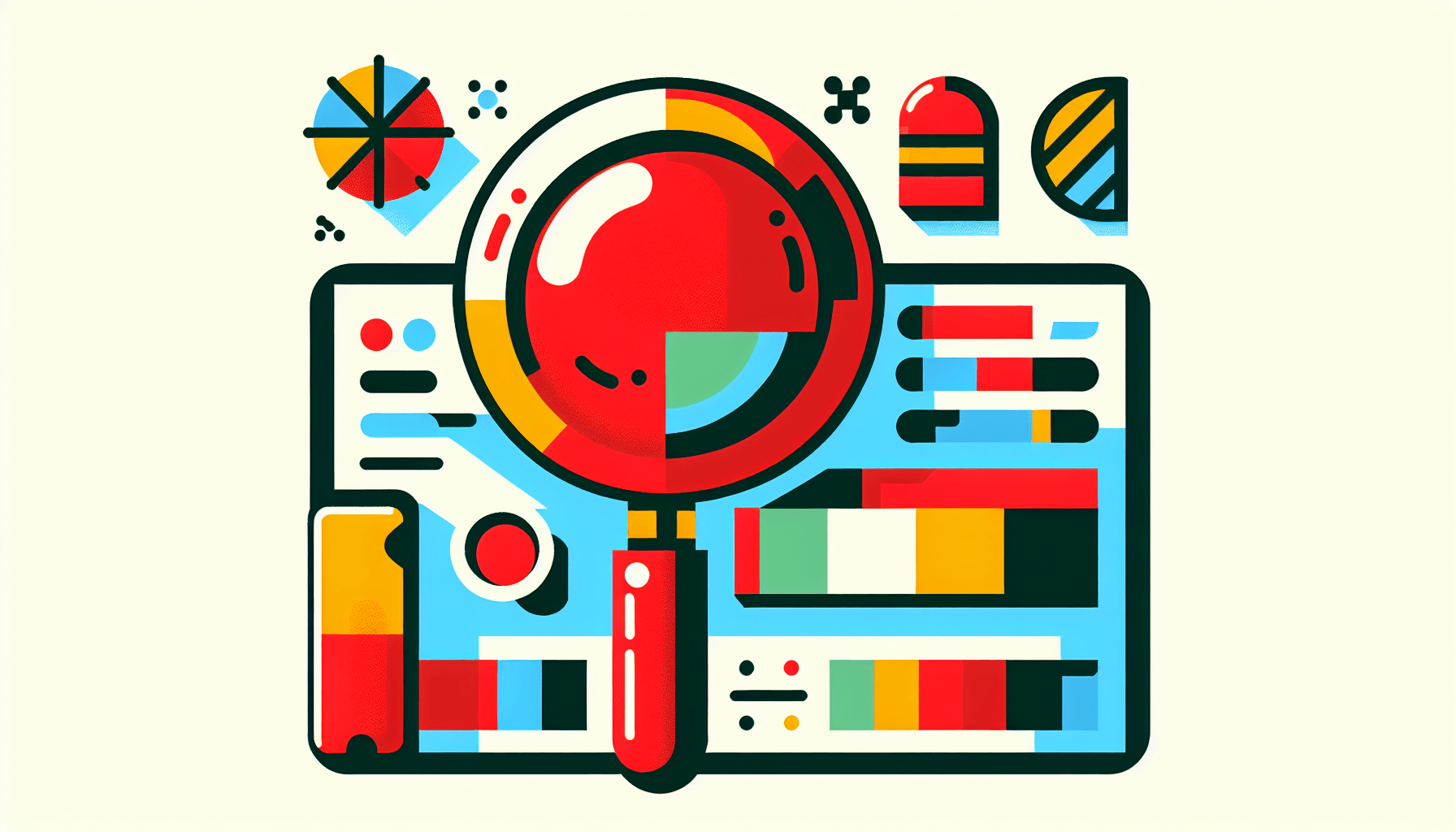 Magnifying glass in flat illustration style and white background, red #f47574, green #88c7a8, yellow #fcc44b, and blue #645bc8 colors.
