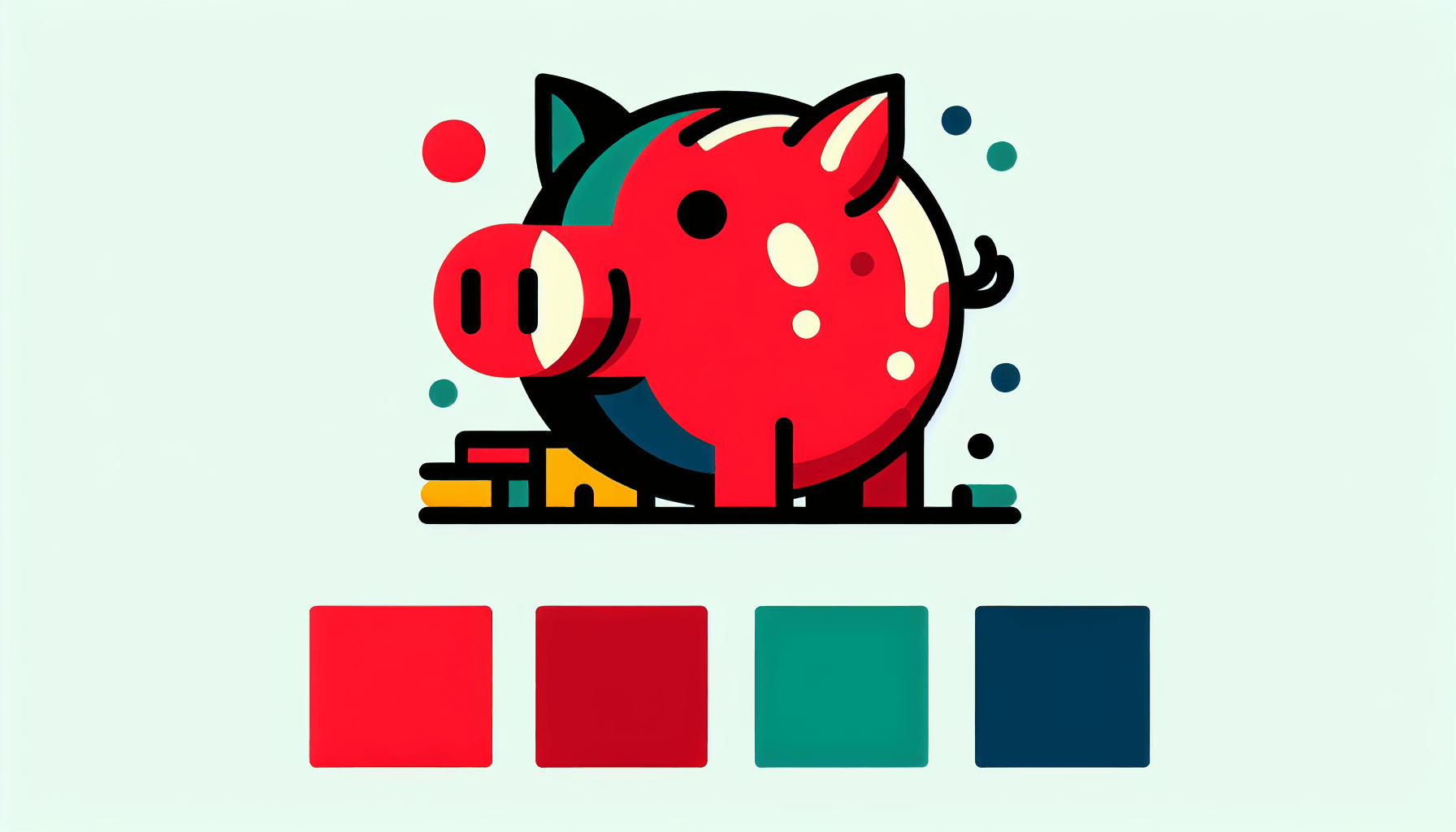 Piggy bank in flat illustration style and white background, red #f47574, green #88c7a8, yellow #fcc44b, and blue #645bc8 colors.