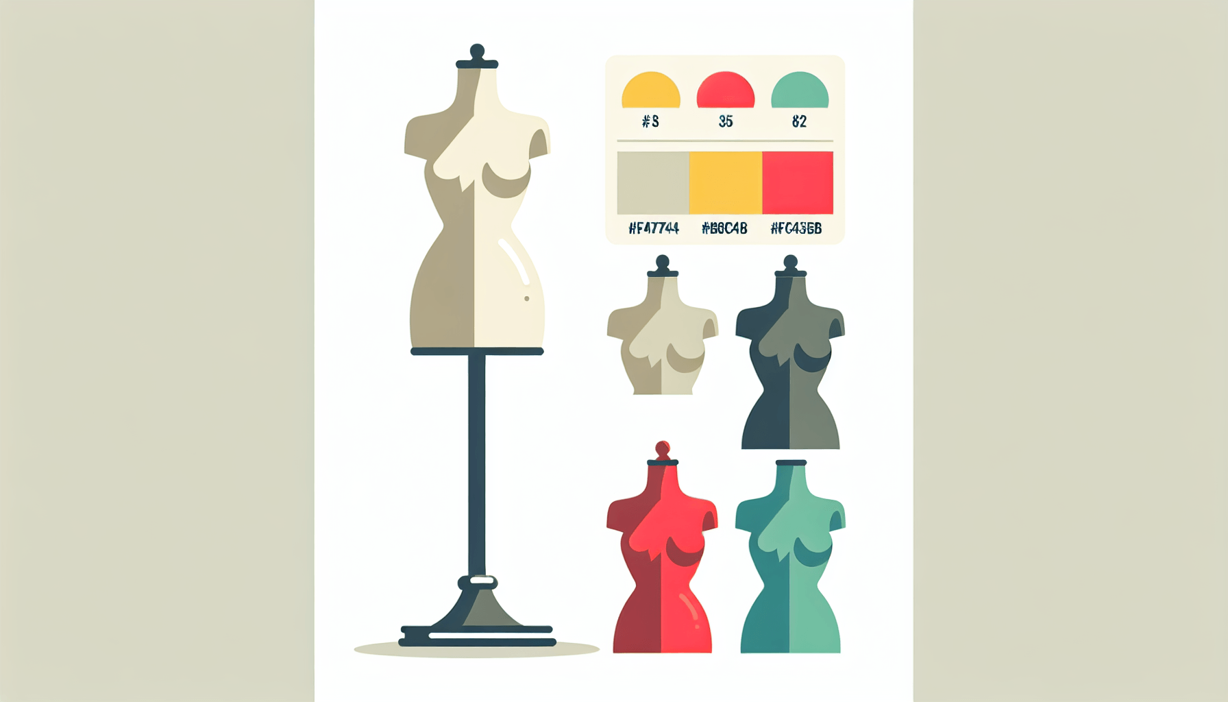 Mannequin in flat illustration style and white background, red #f47574, green #88c7a8, yellow #fcc44b, and blue #645bc8 colors.