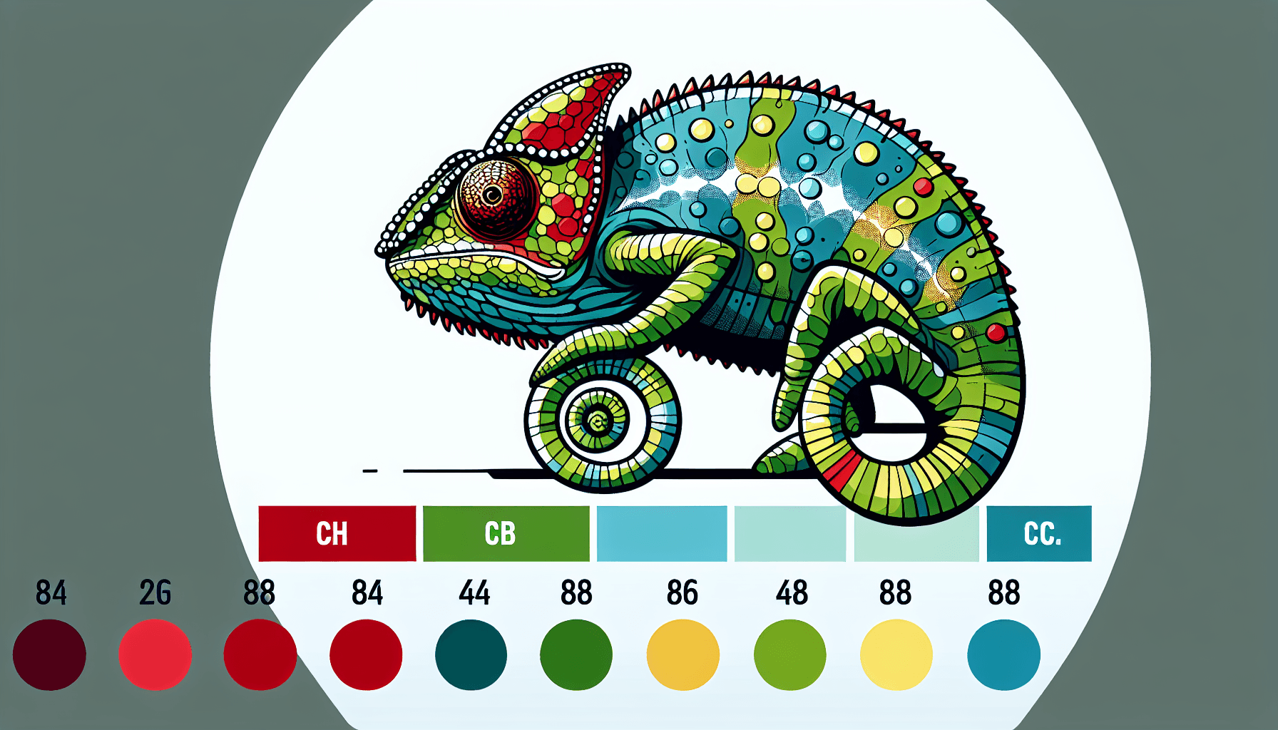Chameleon in flat illustration style and white background, red #f47574, green #88c7a8, yellow #fcc44b, and blue #645bc8 colors.