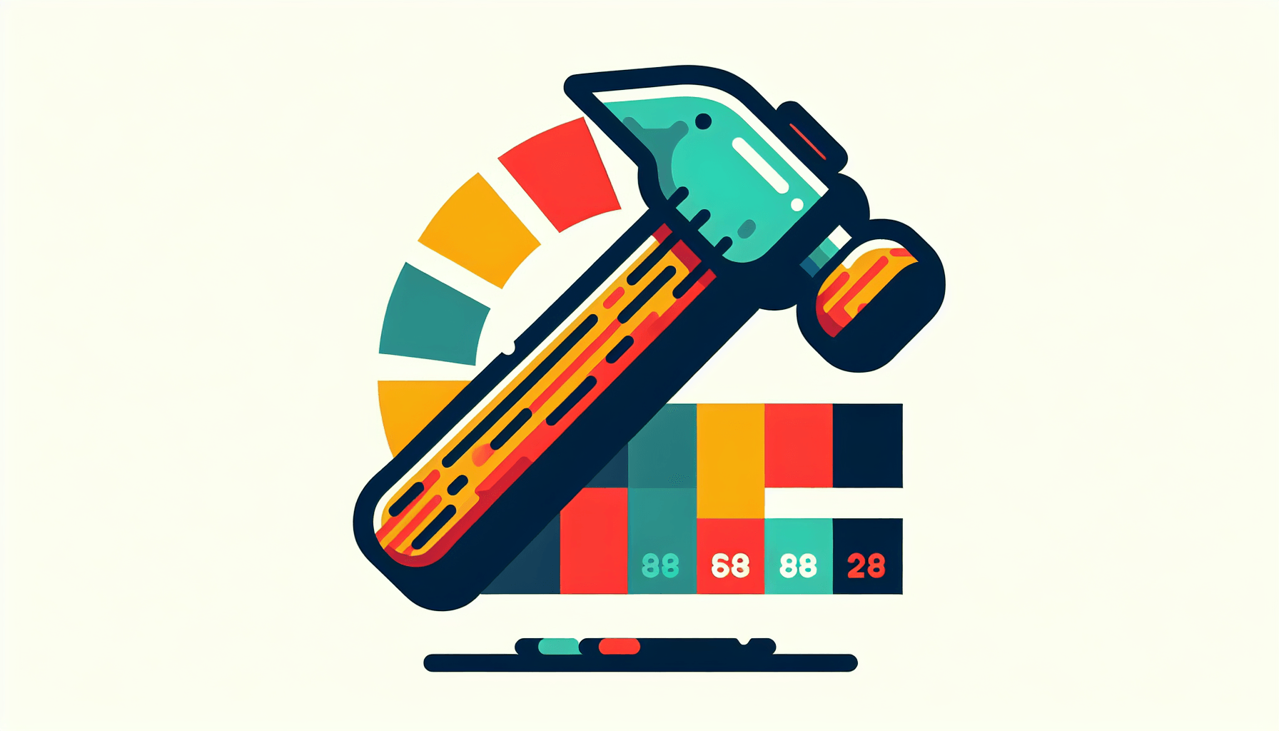 Hammer in flat illustration style and white background, red #f47574, green #88c7a8, yellow #fcc44b, and blue #645bc8 colors.