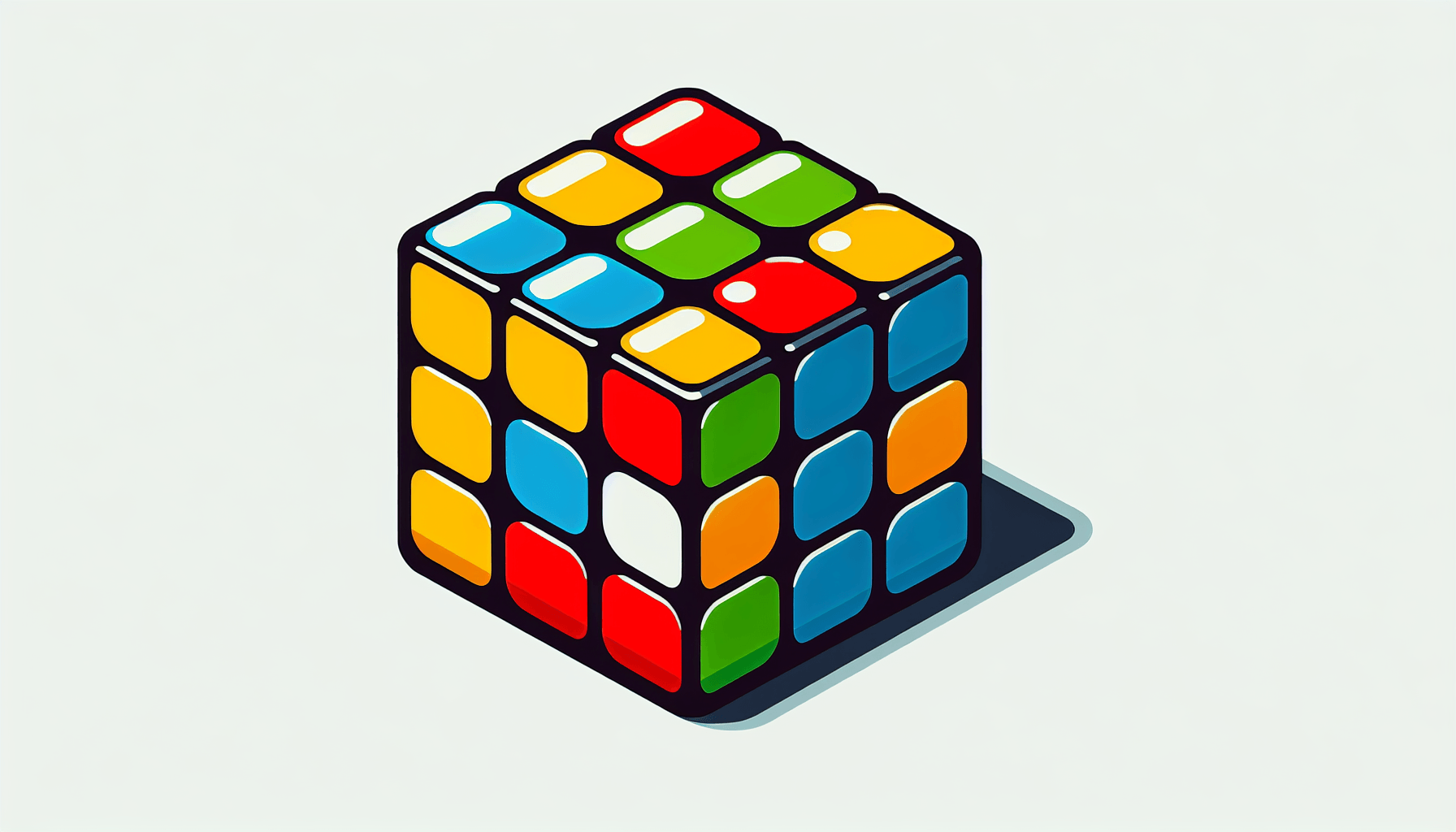 Rubik's cube in flat illustration style and white background, red #f47574, green #88c7a8, yellow #fcc44b, and blue #645bc8 colors.