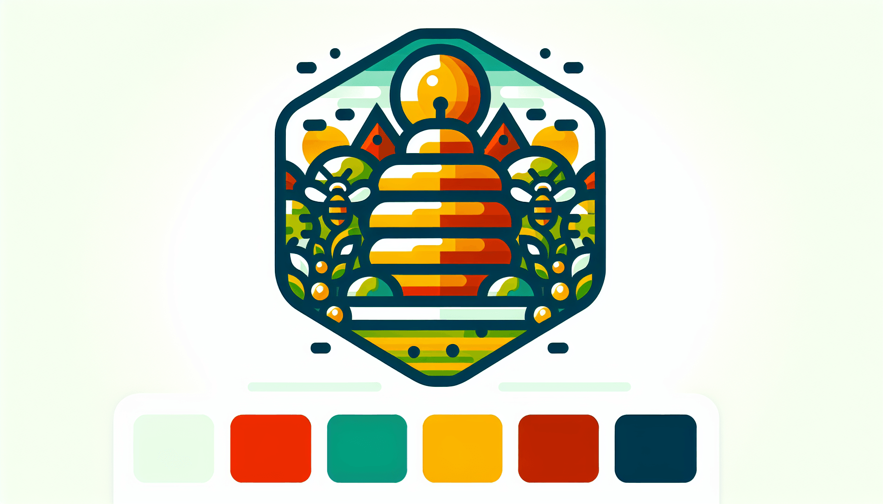 Hive in flat illustration style and white background, red #f47574, green #88c7a8, yellow #fcc44b, and blue #645bc8 colors.