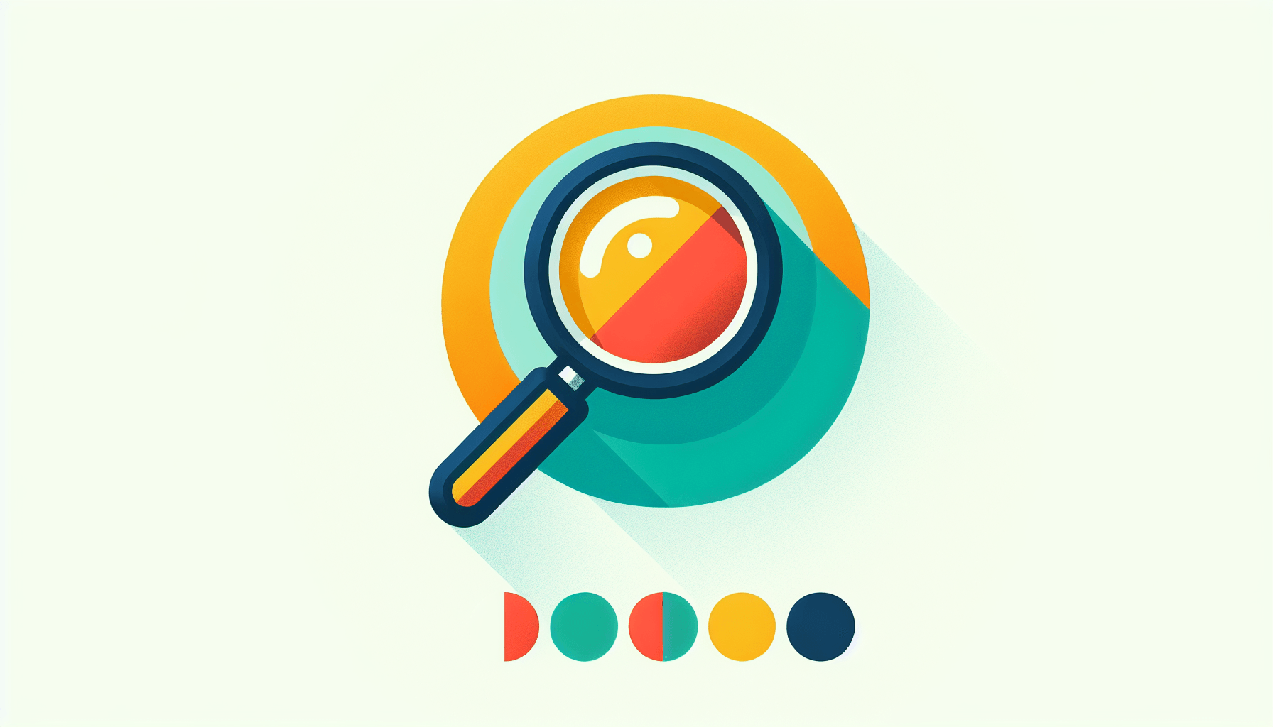Magnifying glass in flat illustration style and white background, red #f47574, green #88c7a8, yellow #fcc44b, and blue #645bc8 colors.
