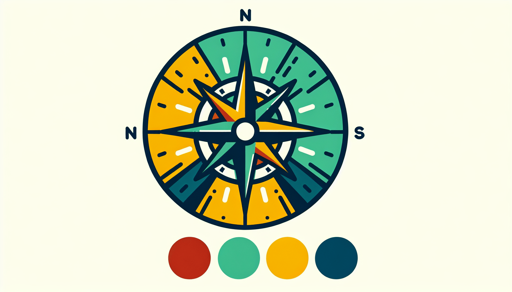 Compass in flat illustration style and white background, red #f47574, green #88c7a8, yellow #fcc44b, and blue #645bc8 colors.