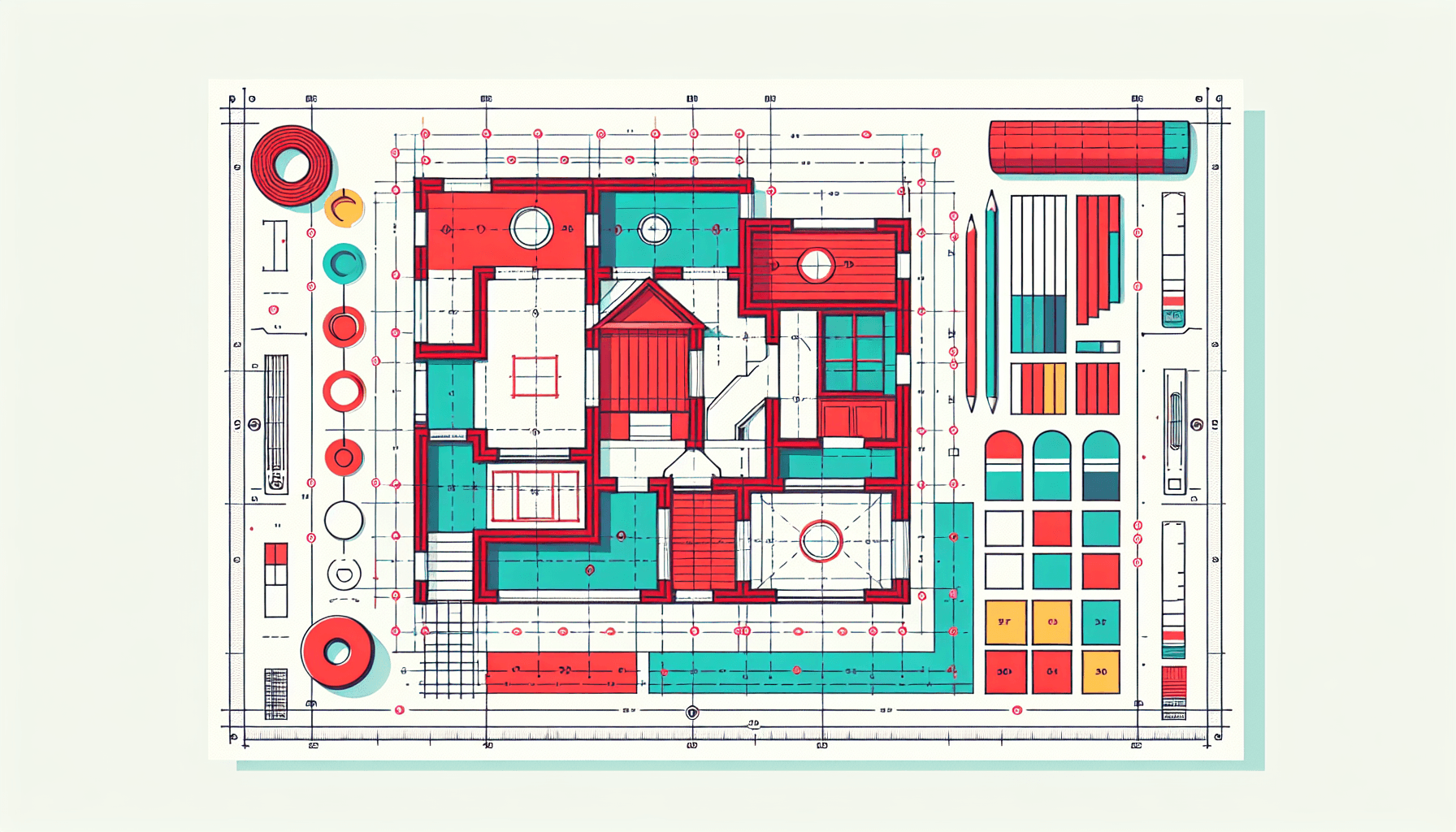 Blueprint in flat illustration style and white background, red #f47574, green #88c7a8, yellow #fcc44b, and blue #645bc8 colors.
