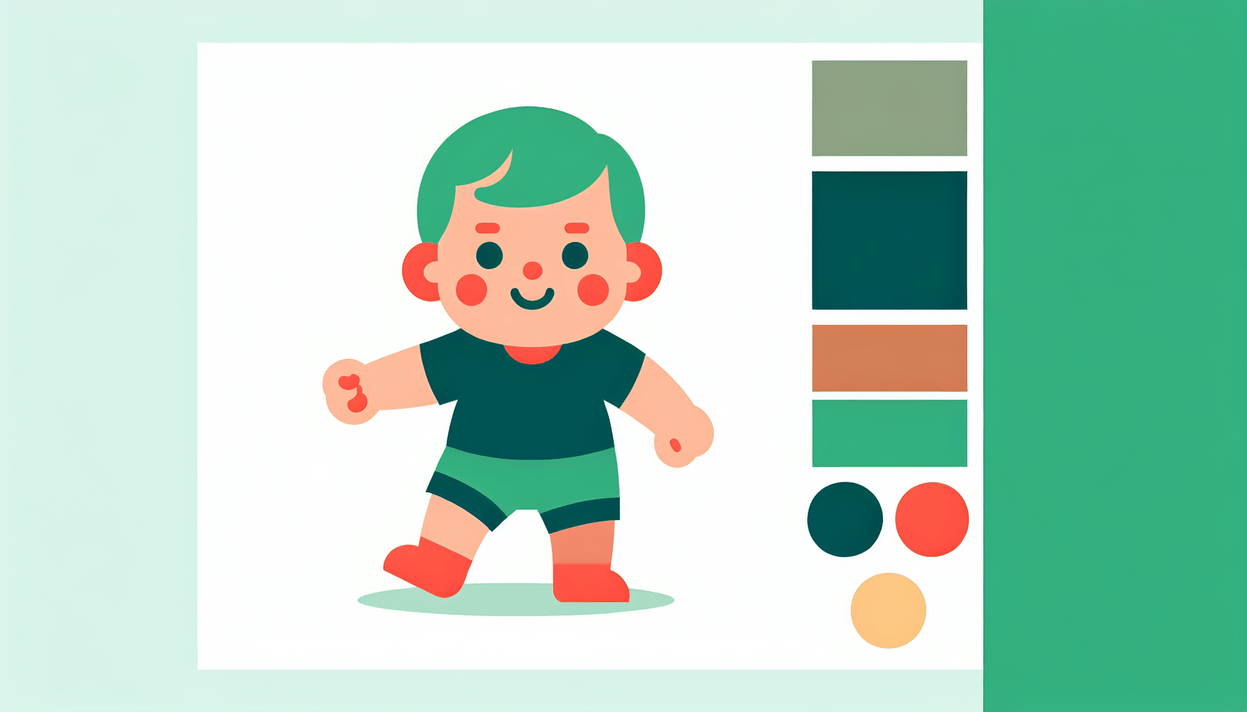 Toddler in flat illustration style and white background, red #f47574, green #88c7a8, yellow #fcc44b, and blue #645bc8 colors.
