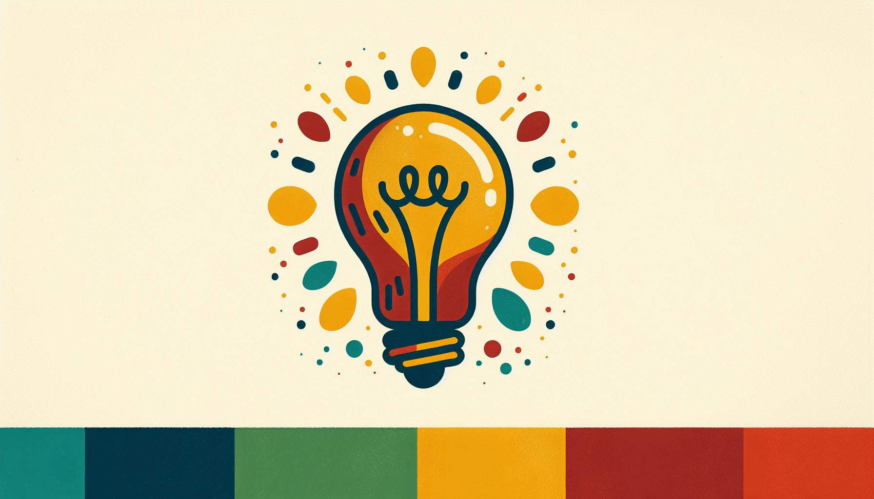 Light bulb in flat illustration style and white background, red #f47574, green #88c7a8, yellow #fcc44b, and blue #645bc8 colors.