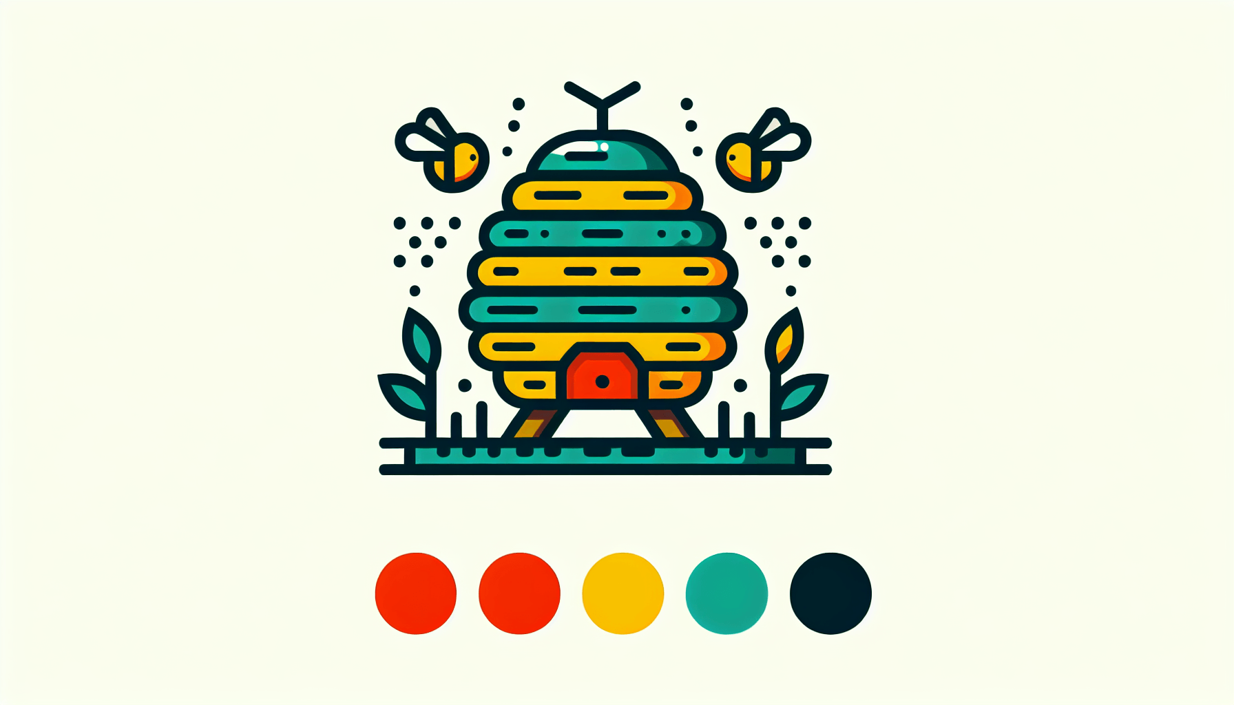 Beehive in flat illustration style and white background, red #f47574, green #88c7a8, yellow #fcc44b, and blue #645bc8 colors.