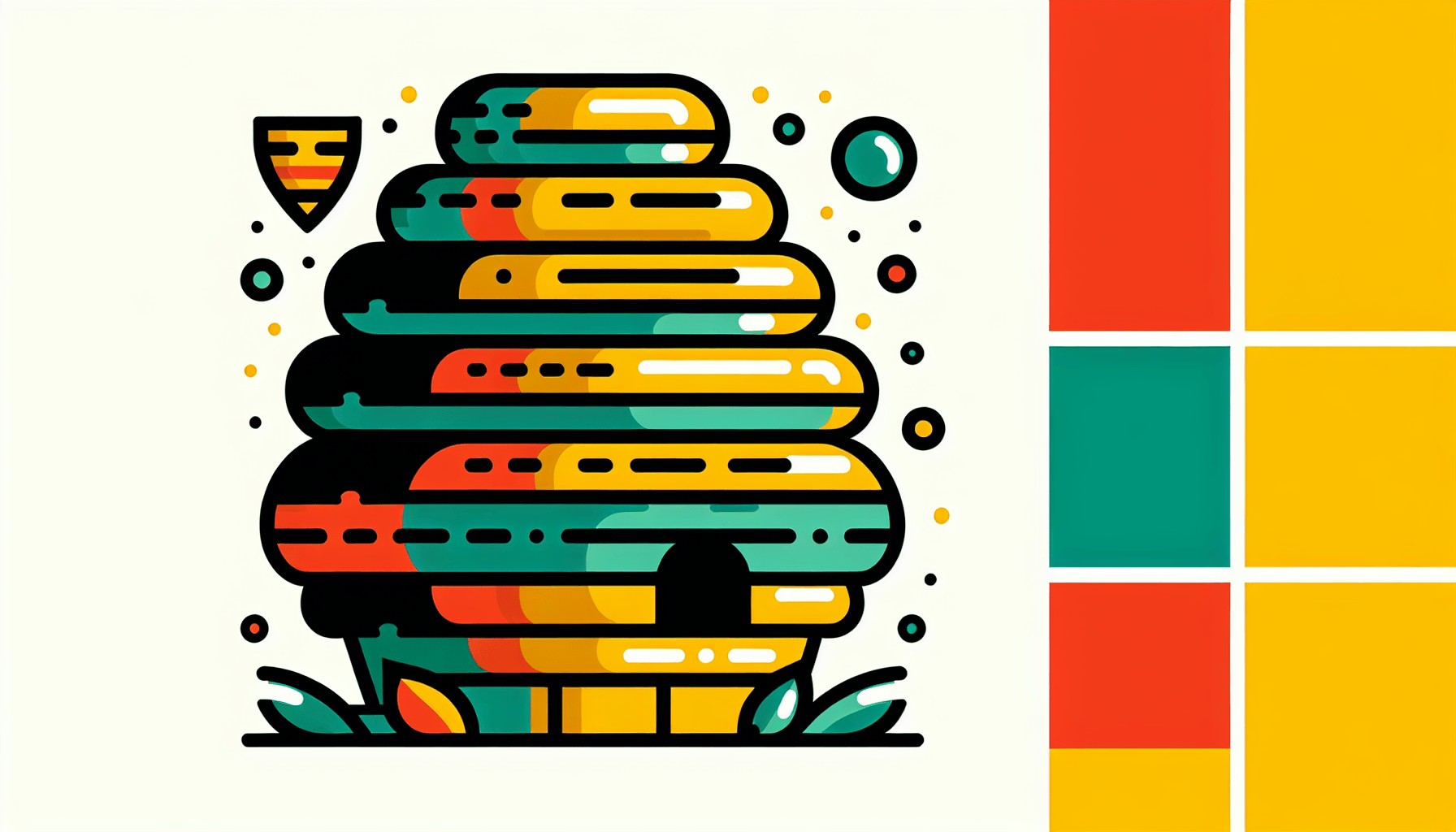 Beehive in flat illustration style and white background, red #f47574, green #88c7a8, yellow #fcc44b, and blue #645bc8 colors.